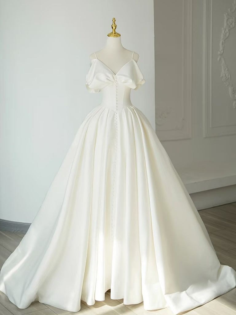 Elegant A-Line V-Neck Satin Ivory Long Prom Dress | Formal Evening Gown for Homecoming, Wedding, and Special Occasions