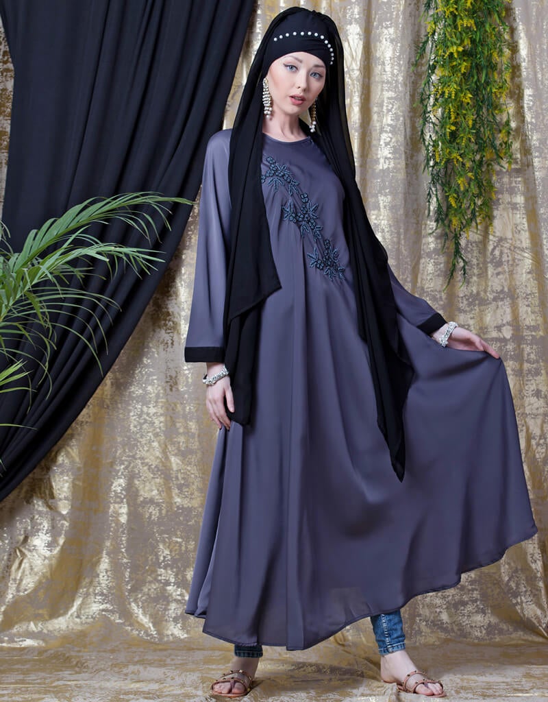 Hand Embroidered Arabic Nida Abaya Umbrella - Navy Blue Islamic Prayer Dress for Women - Perfect for Mosque, Eid, and Special Occasions