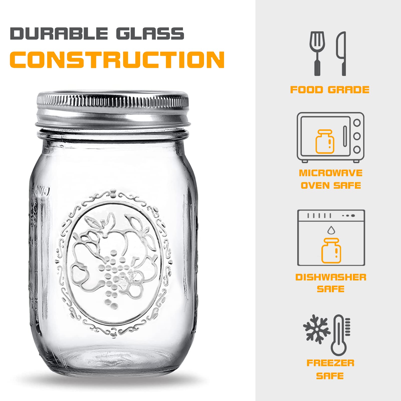 16 oz Regular Mouth Glass Mason Jars - 6 Pack with Airtight Metal Lids & Bands | Perfect for Canning, Food Storage, Overnight Oats, Jam Making, DIY Projects & Home Organization | Includes Measurement Marks for Easy Use
