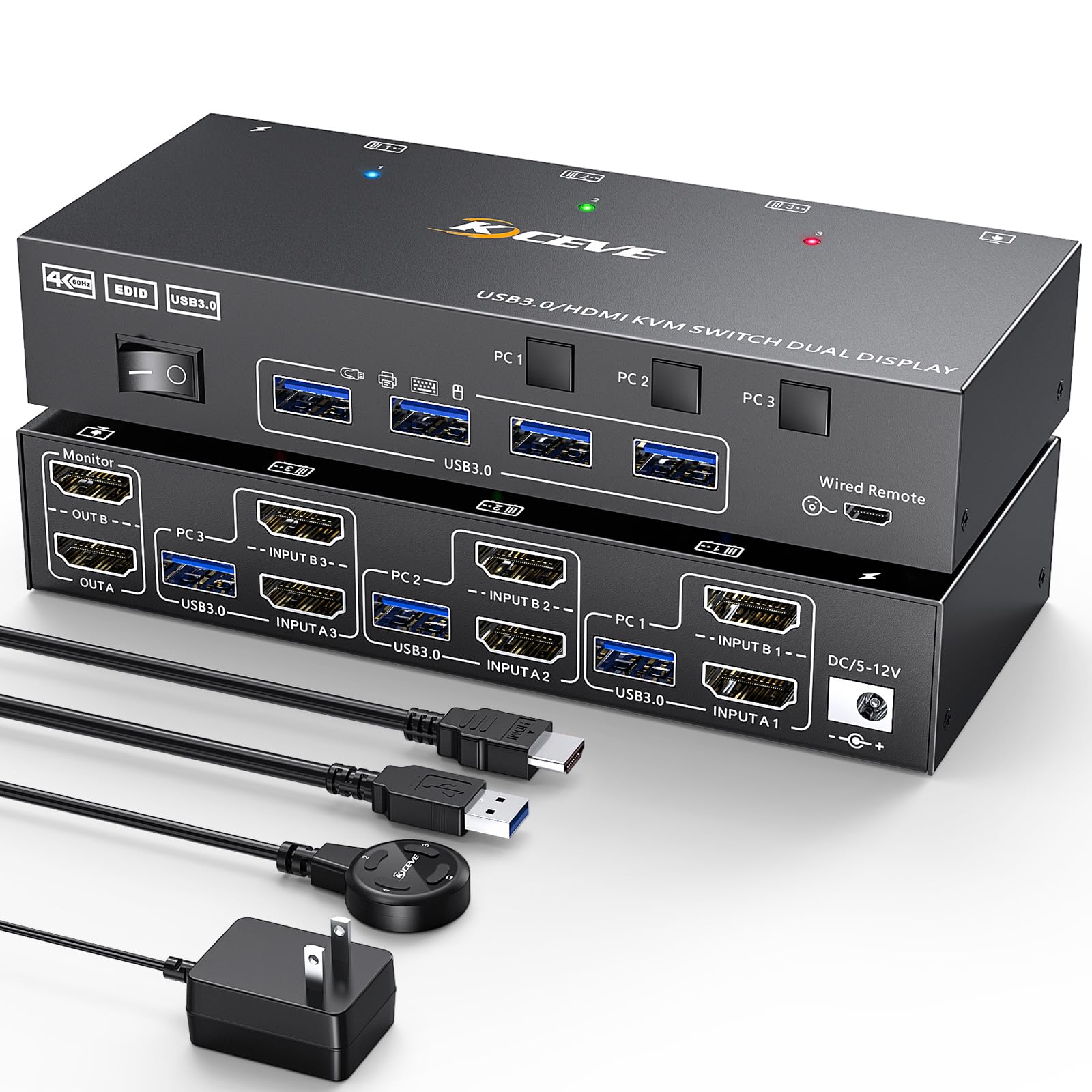 4K@60Hz HDMI KVM Switch for 3 Computers to 2 Monitors - Dual Monitor Sharing with Keyboard, Mouse & Printer - Includes Wired Remote & 5 Cables - Perfect for Home Office, Gaming Setup & Multi-PC Workstations