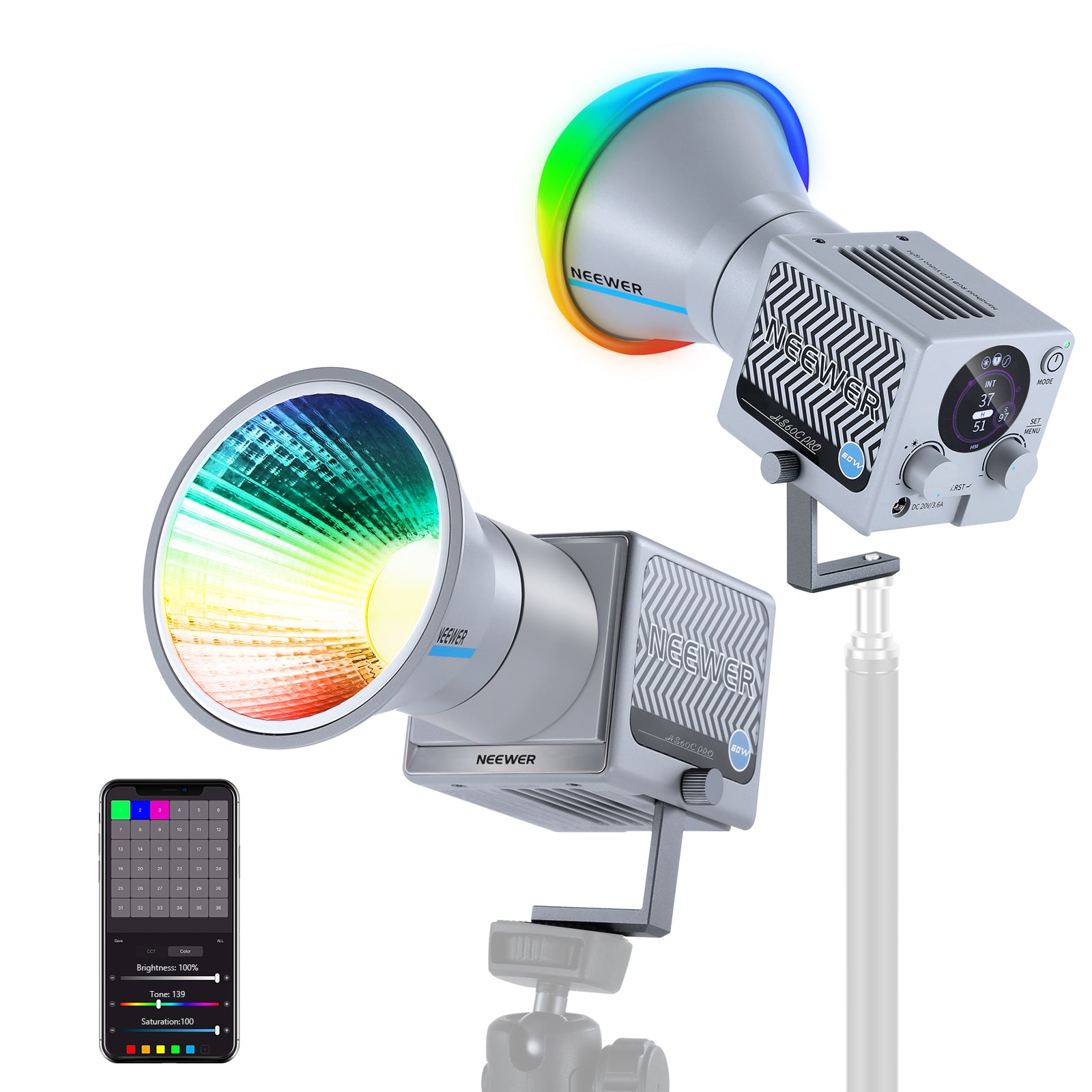 NEEWER HS60C Pro 60W Portable RGB LED Video Light with Adjustable Brightness & Color Temperature - Perfect for YouTube, TikTok, Photography, and Studio Lighting