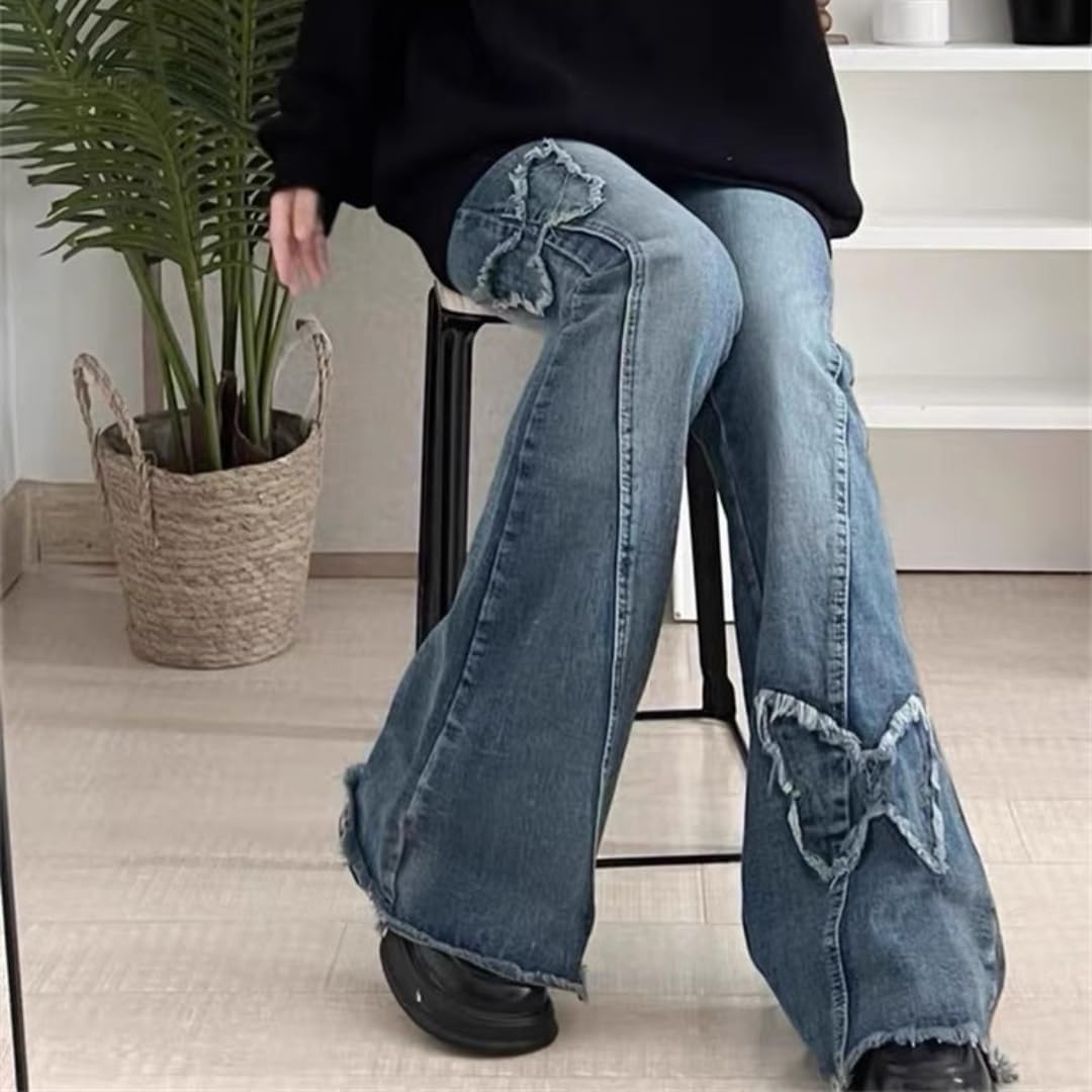 Women's Y2K Butterfly Print Flared Bell Bottom Jeans - Baggy Retro High Waist Pants for Casual & Party Outfits