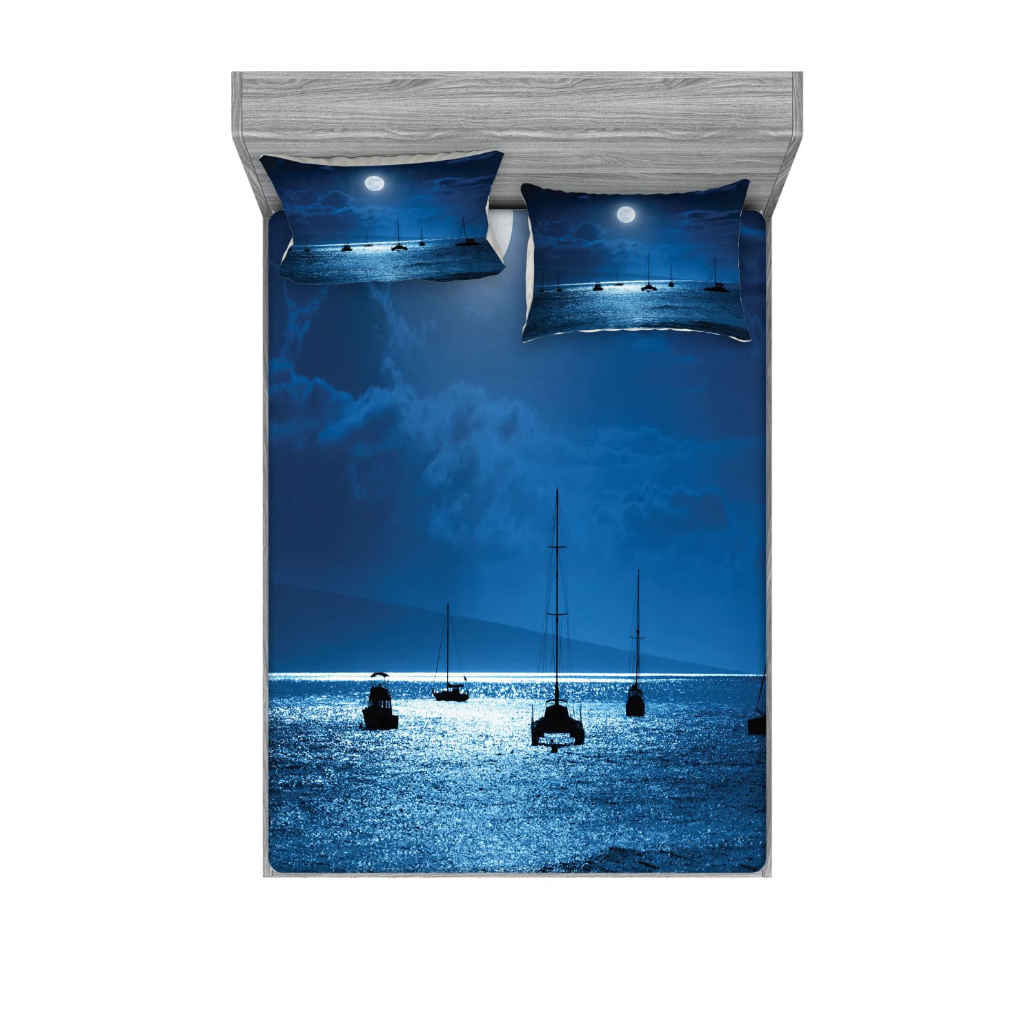Ambesonne Ocean Queen Size 2-Pack Fitted Sheet Set with 4 Pillow Shams - Navy White Starry Night Sky Design Bedding for Coastal & Nautical Themed Bedrooms | Perfect for Guest Rooms, Beach Houses & Vacation Rentals
