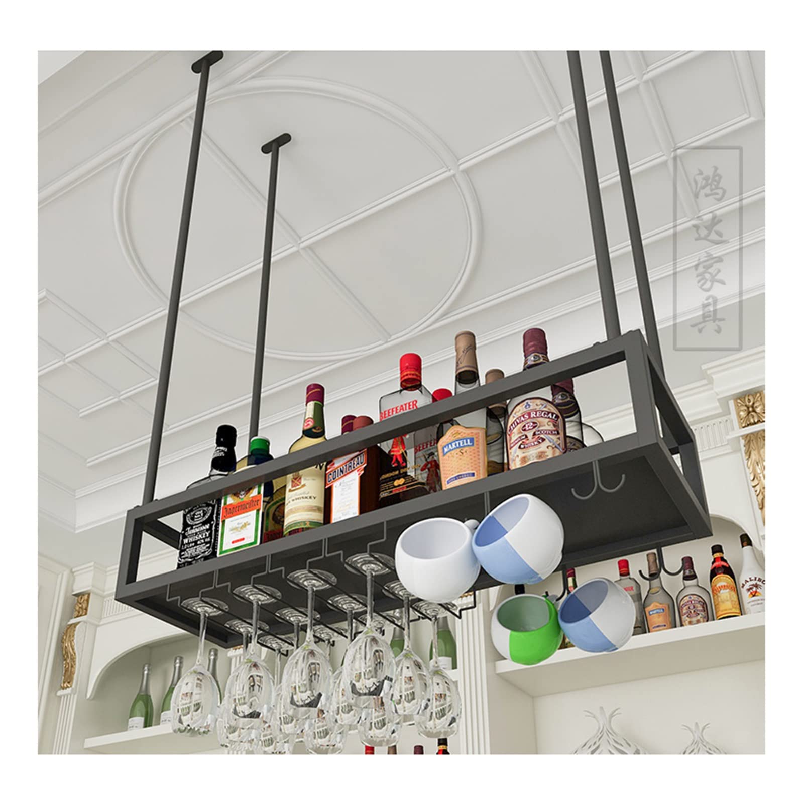 SKOAJAS Black Iron Ceiling Wine Rack - 100CM Upside Down Goblet Holder for Wine Glasses & Hanging Flowers - Perfect for Living Room, Restaurant, Bar Decor & Storage