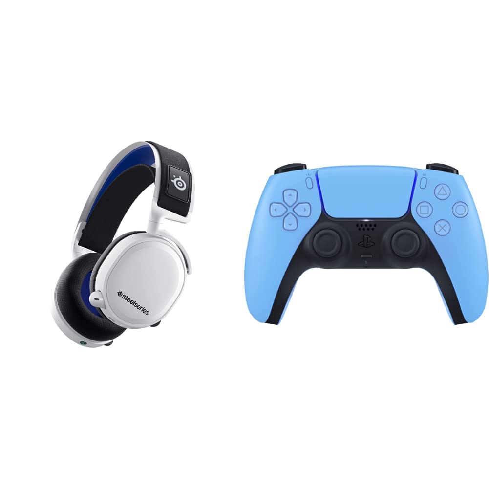 SteelSeries Arctis 7P+ Wireless Gaming Headset with USB-C & 3D Audio - Compatible with PS5, PS4, PC, Mac, Android, Nintendo Switch - White | Playstation 5 DualSense Wireless Controller in Starlight Blue - Perfect for Gaming, Streaming & Virtual Meetings
