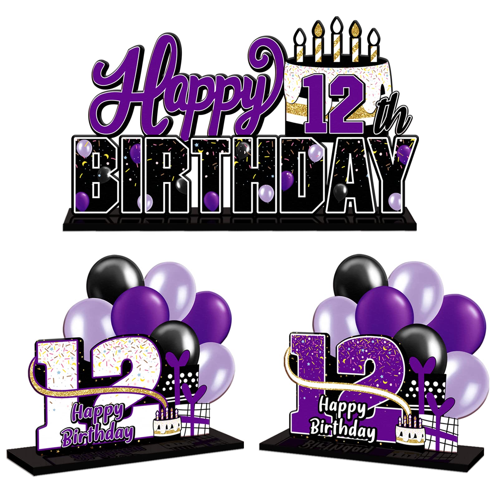 Happy 12th Birthday Purple Acrylic Table Topper Centerpiece Set - Cheers to Twelve Years Old Party Decorations | Perfect for 12th Birthday Celebrations, Sweet 16 Parties & Milestone Decor