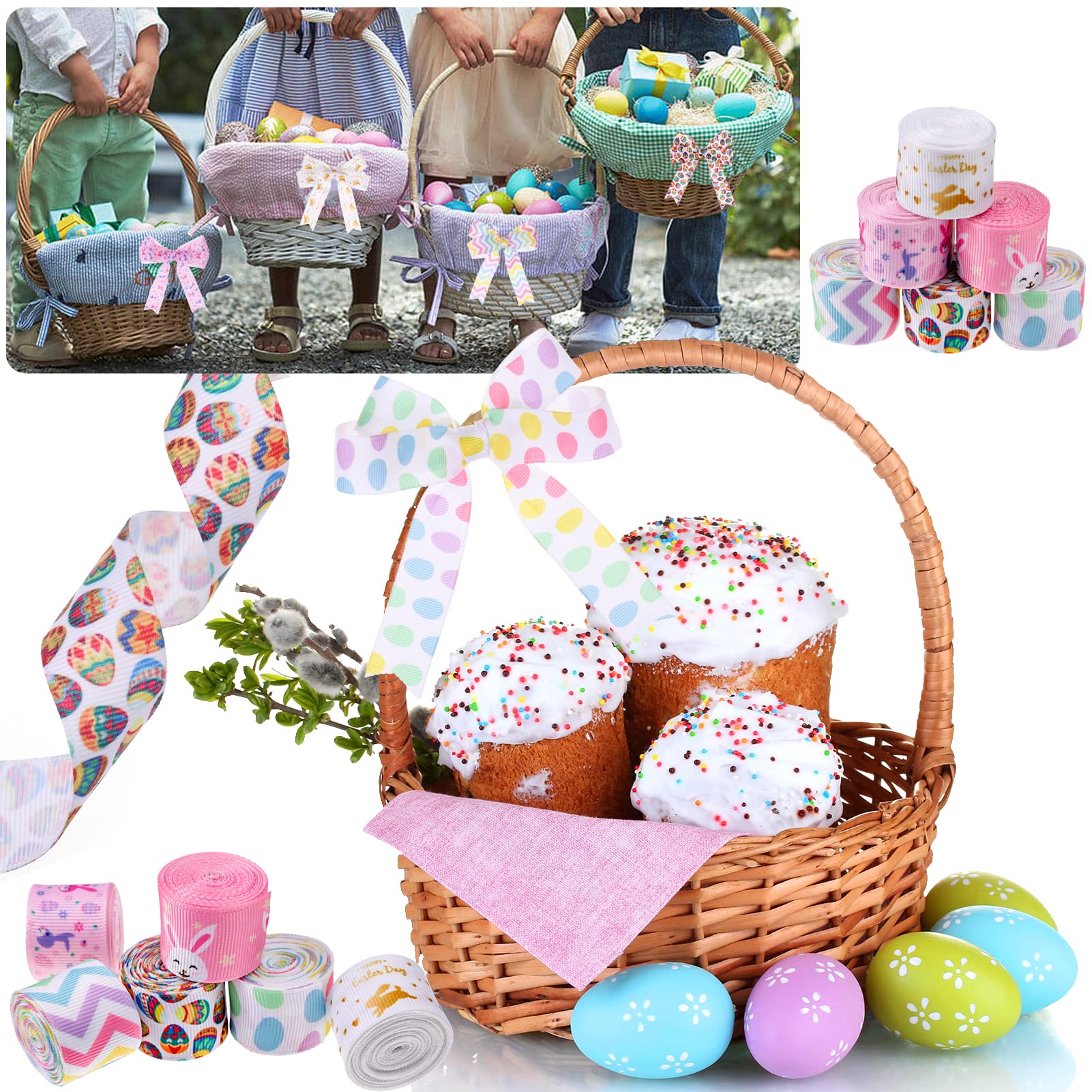6 Rolls 12 Yards Easter Grosgrain Ribbon - Egg Bunny Floral Design for Spring Gift Wrapping, DIY Crafts, Hair Bows, Wreaths & Home Decor | Perfect for Easter Party Favors, Bouquets & Seasonal Decorations