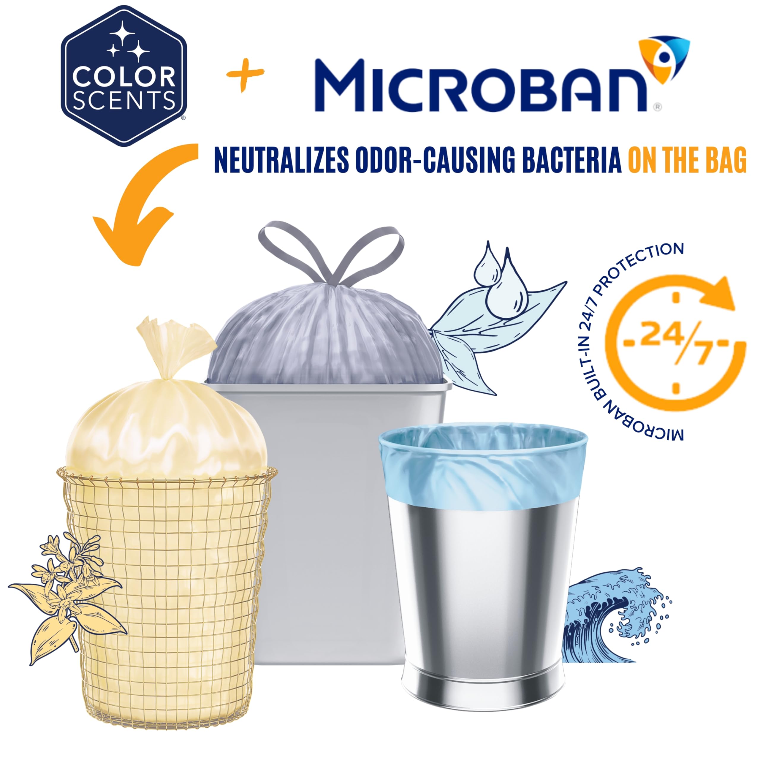 Color Scents Medium Trash Bags - 8 Gallon, 45 Count (1 Pack) | Pink Honeysuckle Scent with Microban Technology | Twist Tie Closure | Ideal for Bathrooms, Bedrooms & Small Office Waste Bins