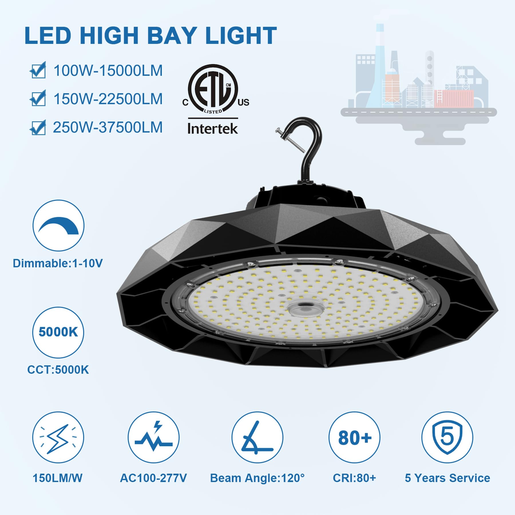 150W UFO LED High Bay Light - ETL Certified, Dimmable 5000K 22500LM - Shop & Warehouse Lighting with 5ft US Plug - Perfect for Industrial, Commercial, and Retail Spaces