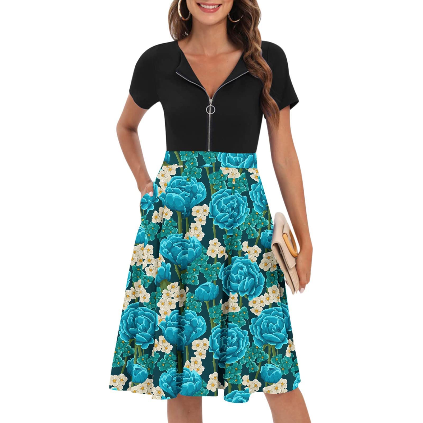 Women's Midi Summer Dresses - Fashion Crewneck Short Sleeve Zipper Swing Party Dress | Elegant & Classy Design for Casual Outings, Beach Vacations & Special Occasions