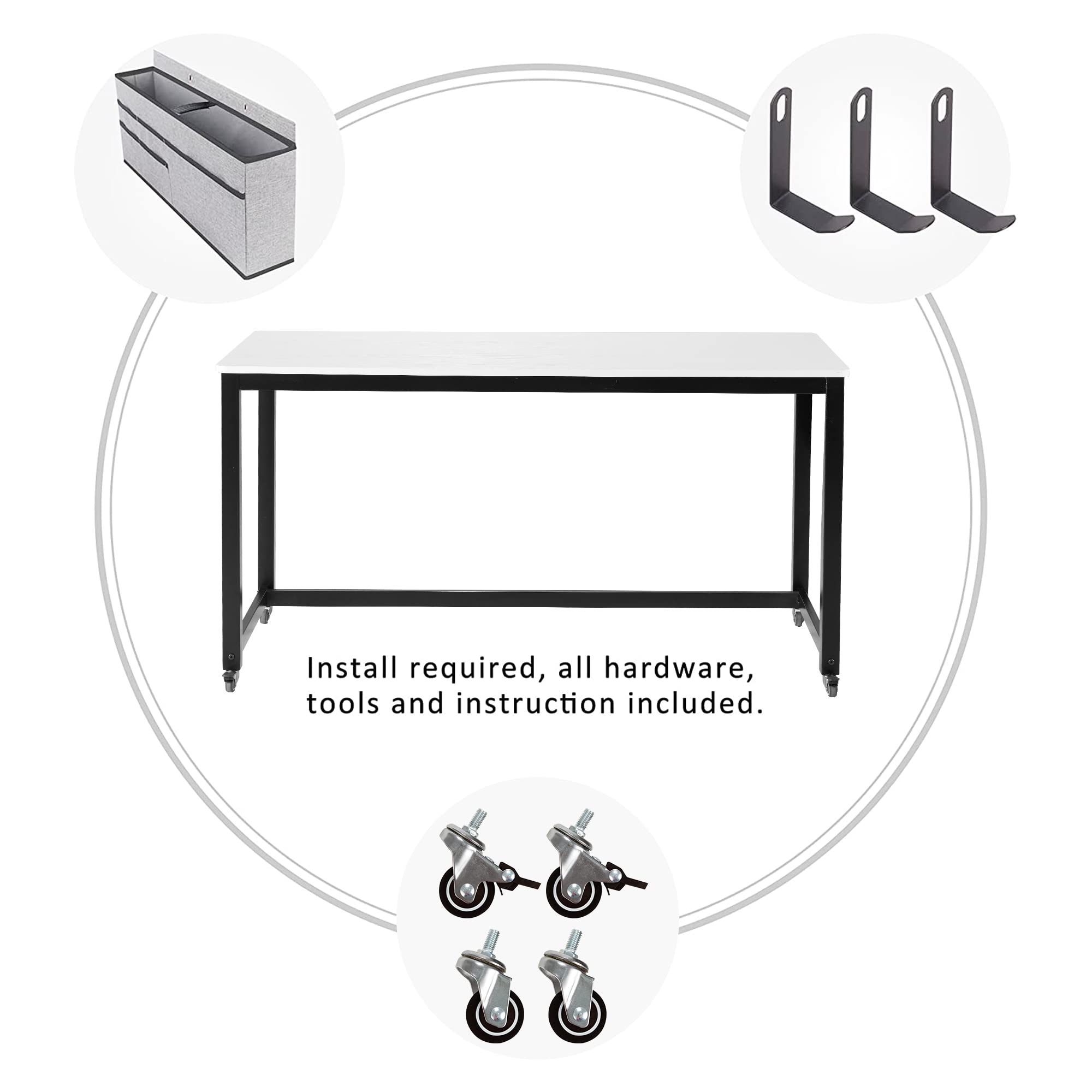AHB 55 Inch Rolling Computer Desk with 4 Smooth Casters - Mobile Writing Desk for Home Office, Study Table with Sturdy Metal Frame | Perfect for Small Spaces, Dorm Rooms & Adjustable Workstations