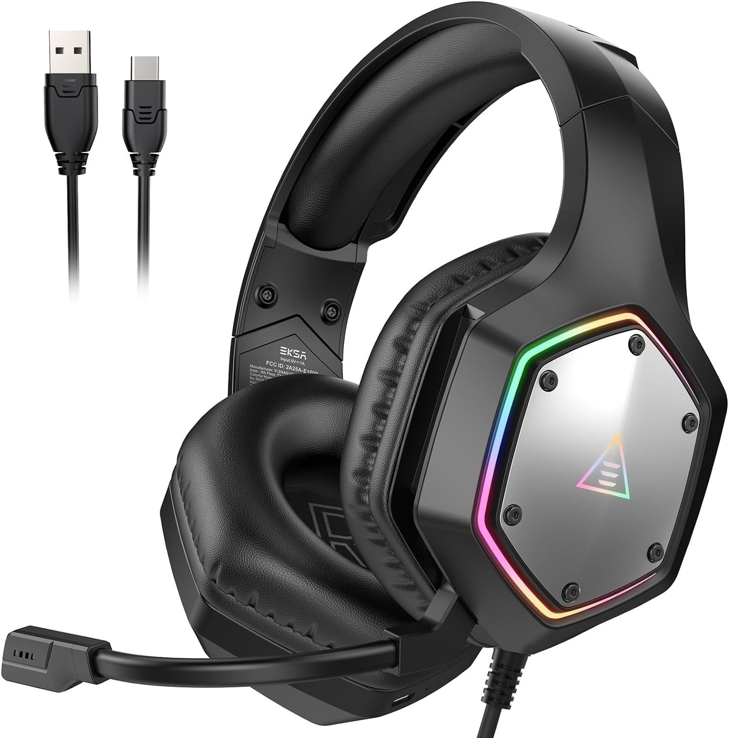 EKSA E1000V2 USB Gaming Headset with Noise Cancelling Mic - 7.1 Surround Sound Wired Headphones for PC, PS4, PS5, Laptop - RGB Lighting & Comfortable Ear Cushions (Black) | Perfect for Competitive Gaming, Streaming & Online Meetings