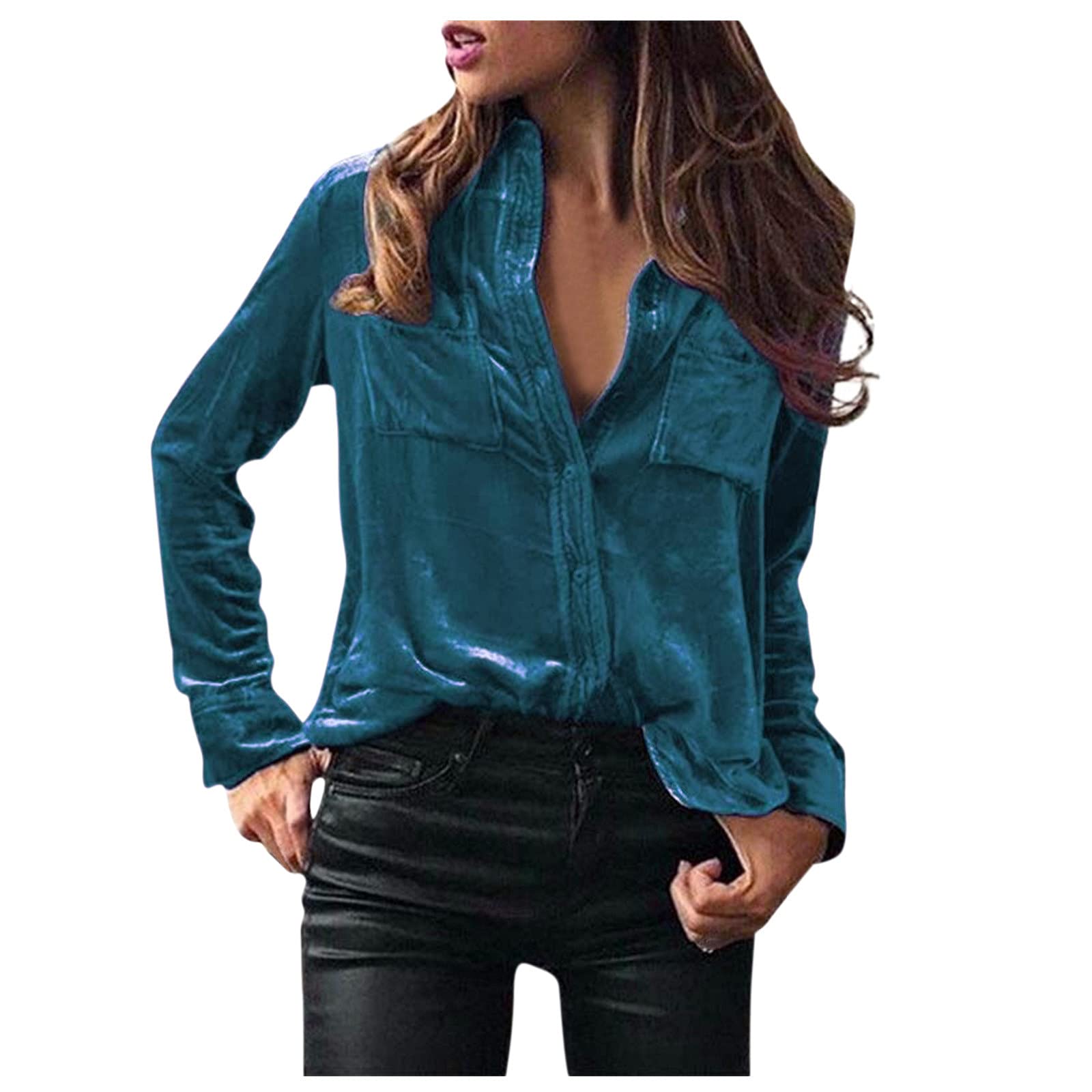 Women's Winter Fashion Velvet Long Sleeve Button Down Shirt with Pocket - Cozy Casual Blouse for Office, Date Night & Holiday Outfits