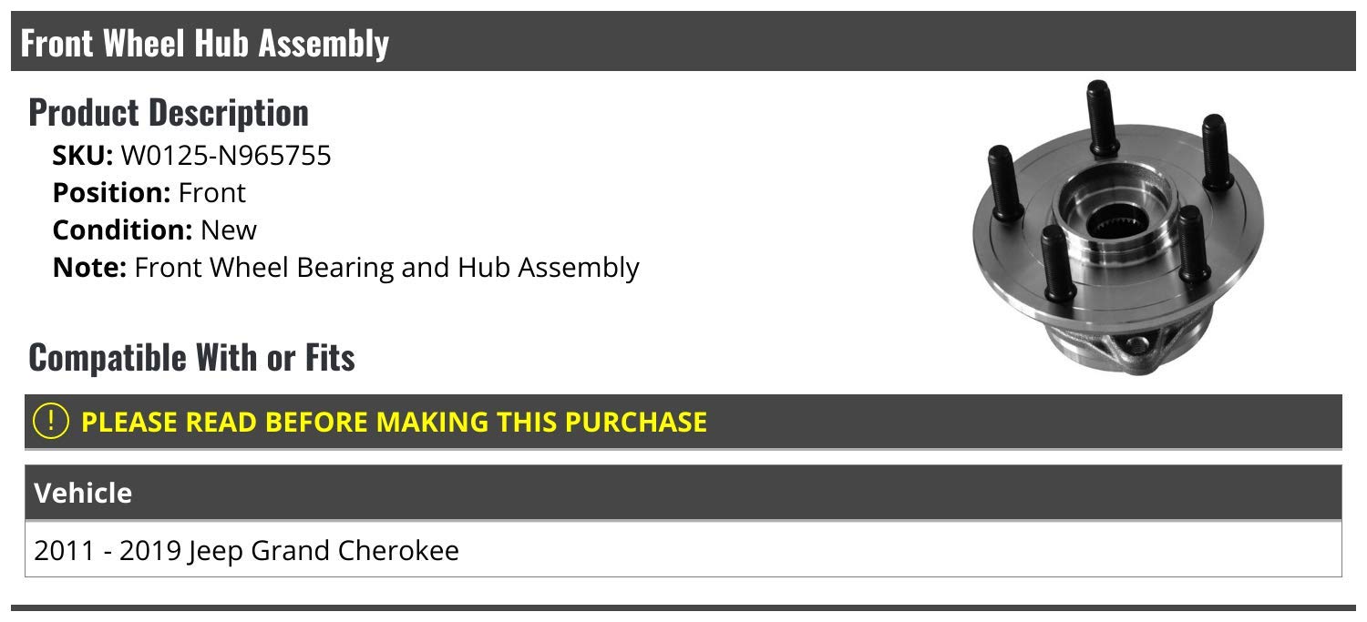 Premium Front Wheel Bearing and Hub Assembly for 2011-2019 Jeep Grand Cherokee - Durable Replacement Part for Smooth Ride & Off-Road Adventures