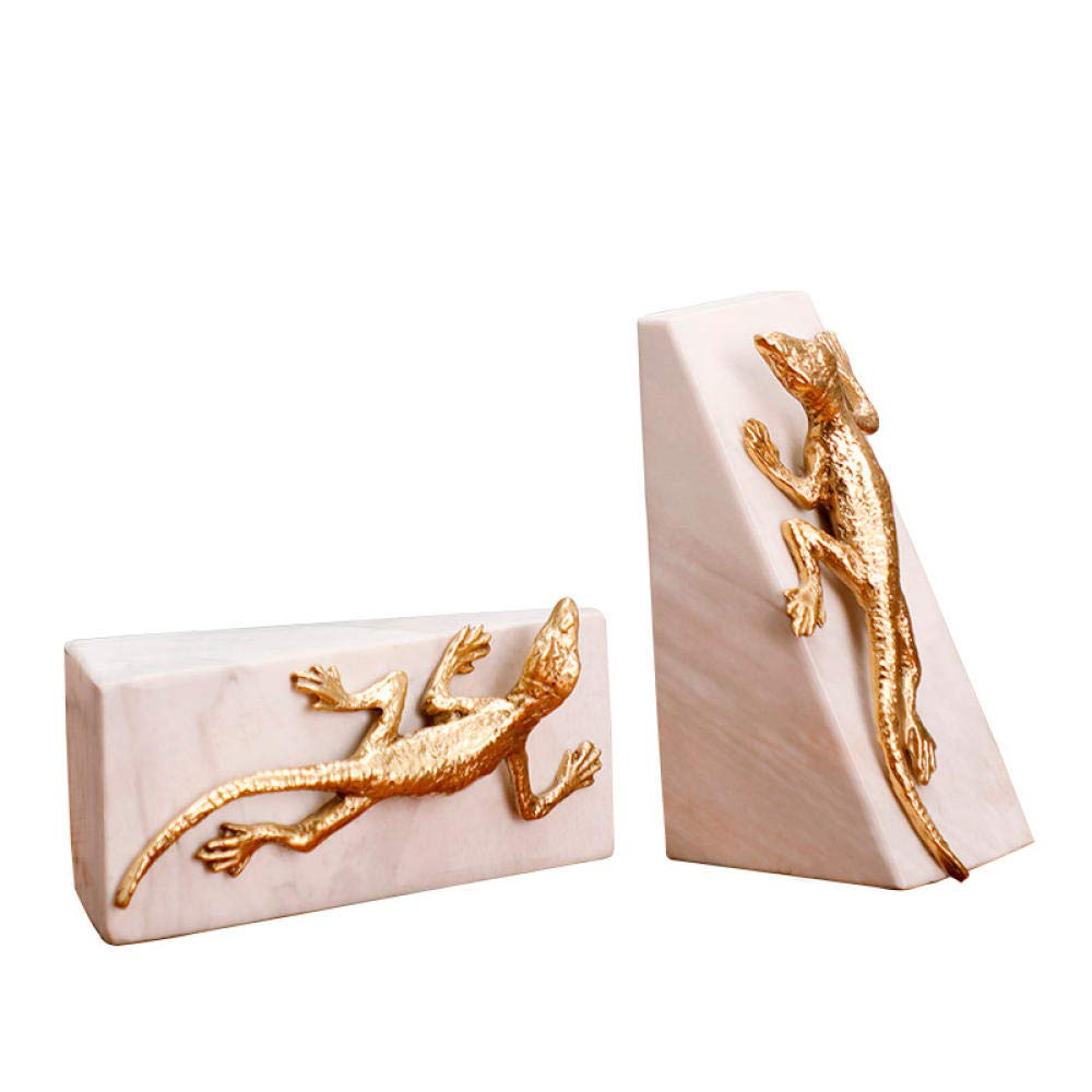 Golden Gecko Sculpture - Pair of Metal Crawling Geckos on Marble Base for Home & Office Décor | Elegant Desktop Statue for Living Room, Bookshelf, or Workspace Decor
