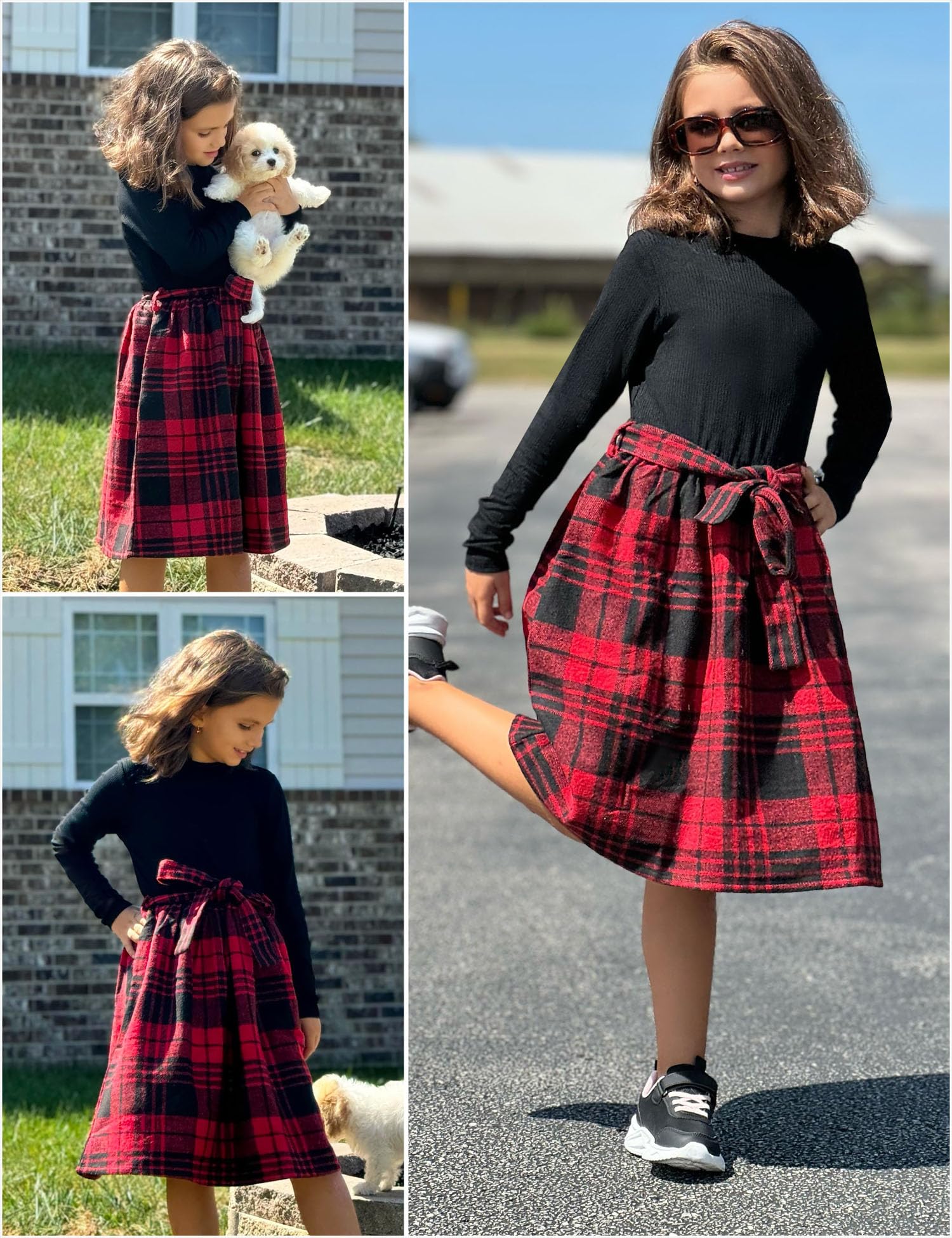 Arshiner Girls Long Sleeve Rib Knit Plaid Patchwork Belted Dress with Pockets - Cute Casual & Party Wear for Toddler and Kids (Ages 3-10) | Perfect for School, Holidays and Special Occasions