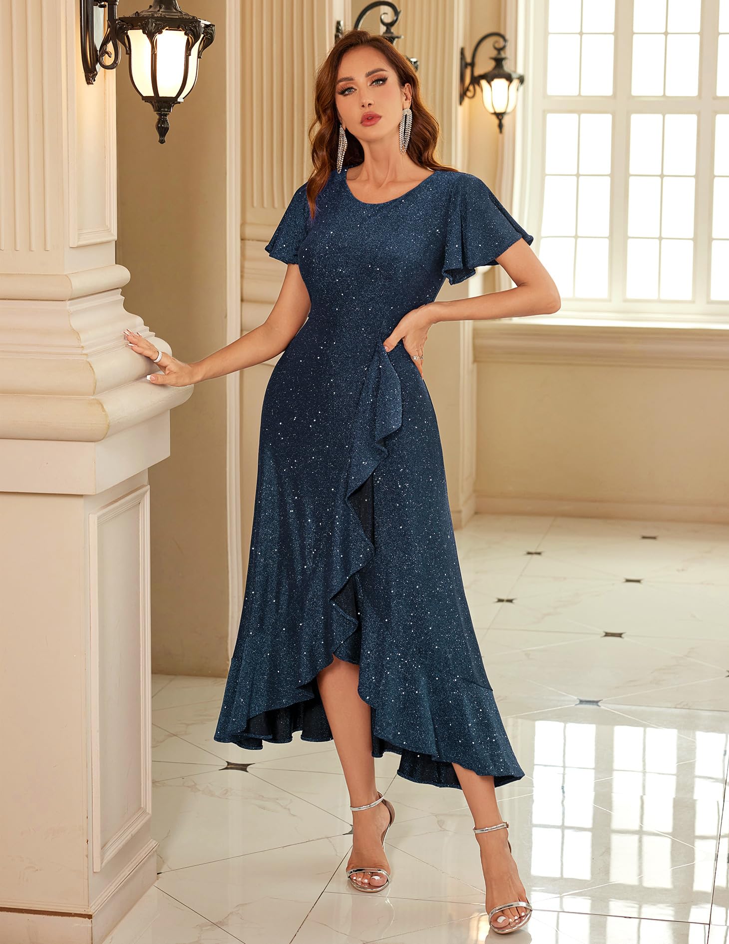 BeryLove Women's Sparkly Sequin Formal Party Dress with Flutter Short Sleeves - Elegant Wedding Guest, Cocktail, Evening Gown for Prom, Homecoming, Black Tie Events