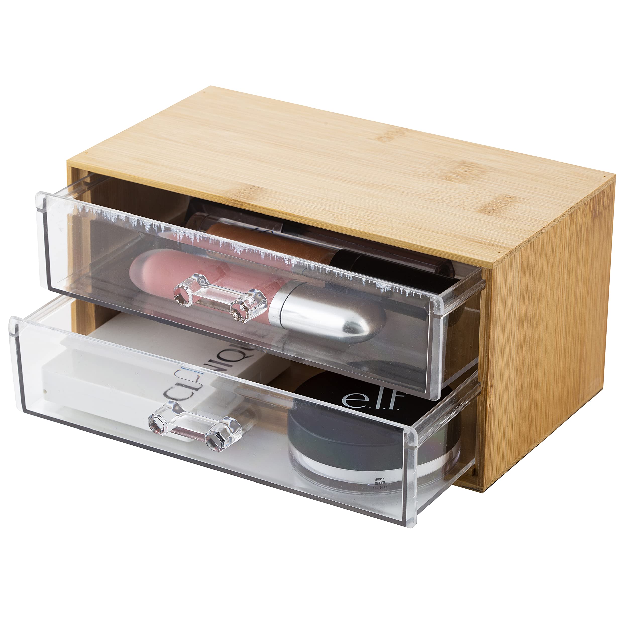 2-Tier Cosmetic and Jewelry Organizer - Clear Acrylic & Bamboo Makeup Storage Box for Vanity, Dresser or Bathroom Countertop - Perfect for Organizing Makeup Brushes, Rings, Earrings and Beauty Accessories