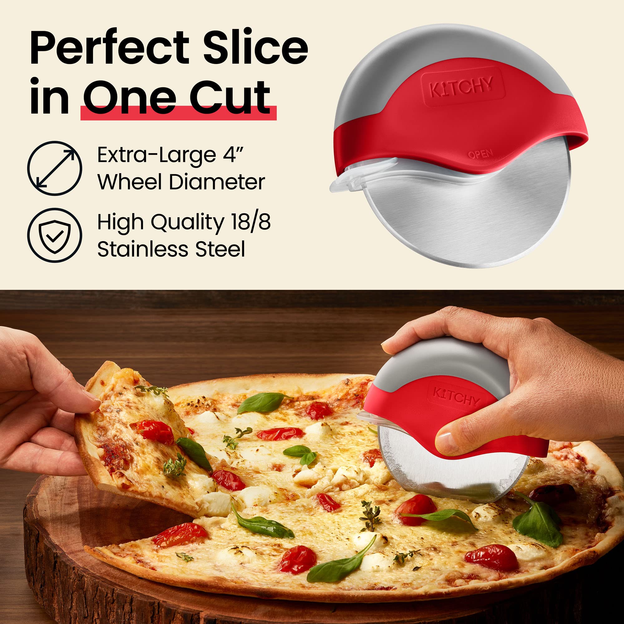 Premium Kitchy Pizza Cutter Wheel with Protective Blade Cover - Sharp Stainless Steel Blade, Ergonomic Non-Slip Handle for Easy Slicing (Red) - Perfect for Homemade Pizza, Pasta, Dough Cutting & Kitchen Prep