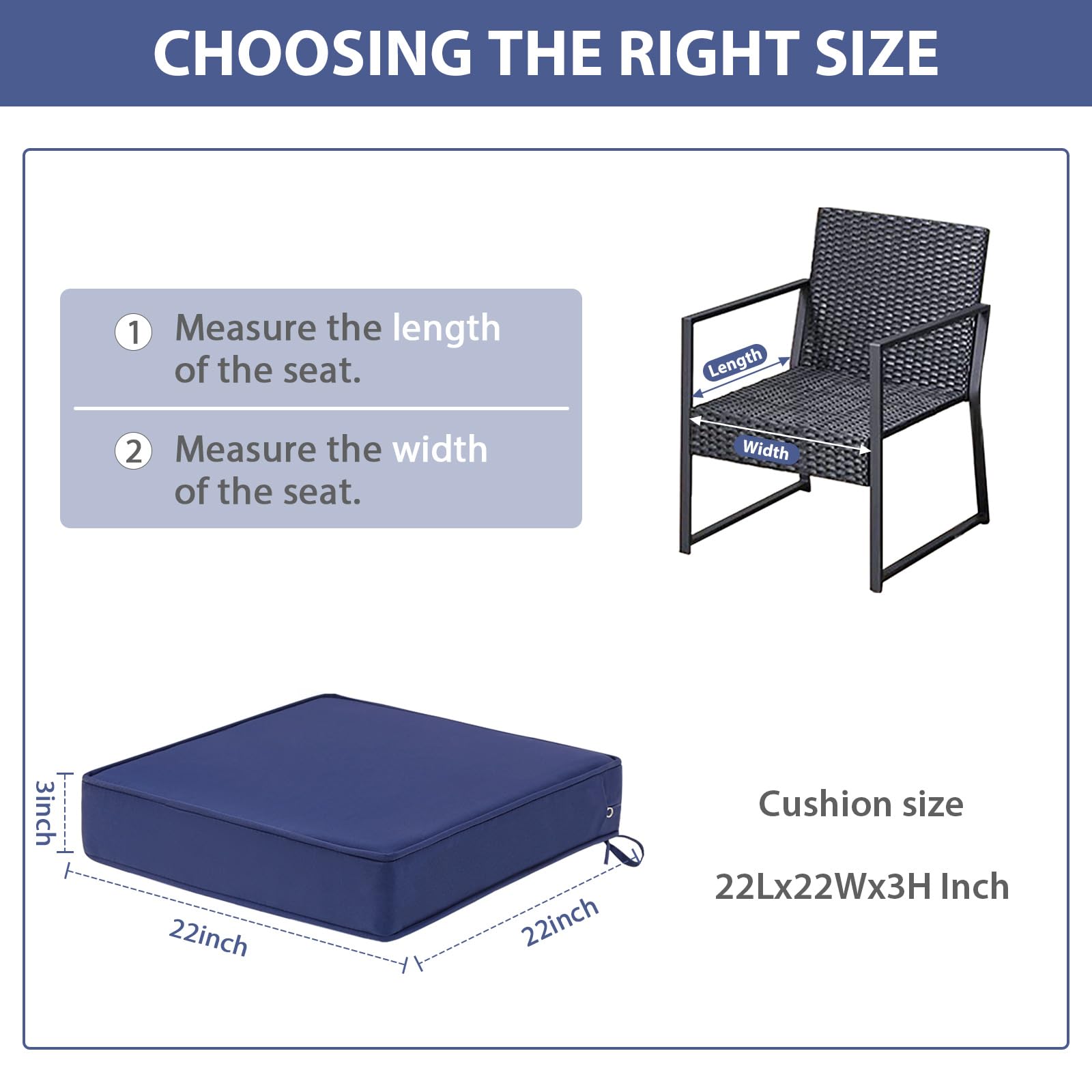 Premium Waterproof Outdoor Chair Cushions Set of 2 - 22x22x3 Inch Replacement Patio Seat Cushions - Durable Blue Furniture Cushions for Garden, Deck, Poolside & Backyard Relaxation
