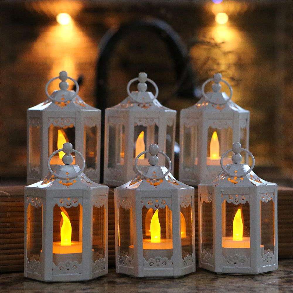 White Hexagon Mini Lanterns - Set of 6, Battery Operated LED Tea Lights - Perfect for Wedding Decor, Garden Party, Patio Lighting & Home Decoration