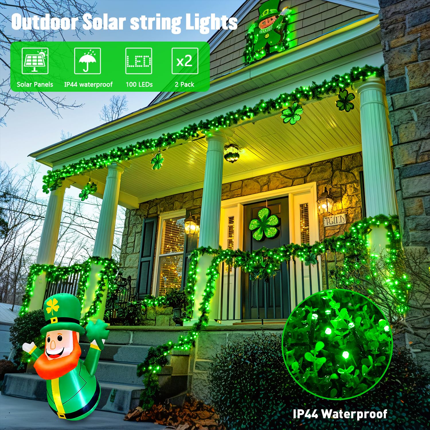 JMEXSUSS 100 LED Green Solar Lights for St. Patrick's Day Decorations - 2 Pack Waterproof Outdoor Garden Lights for Trees, Patio, Yard - Perfect for Holiday Parties, Irish-Themed Events & Nighttime Ambiance