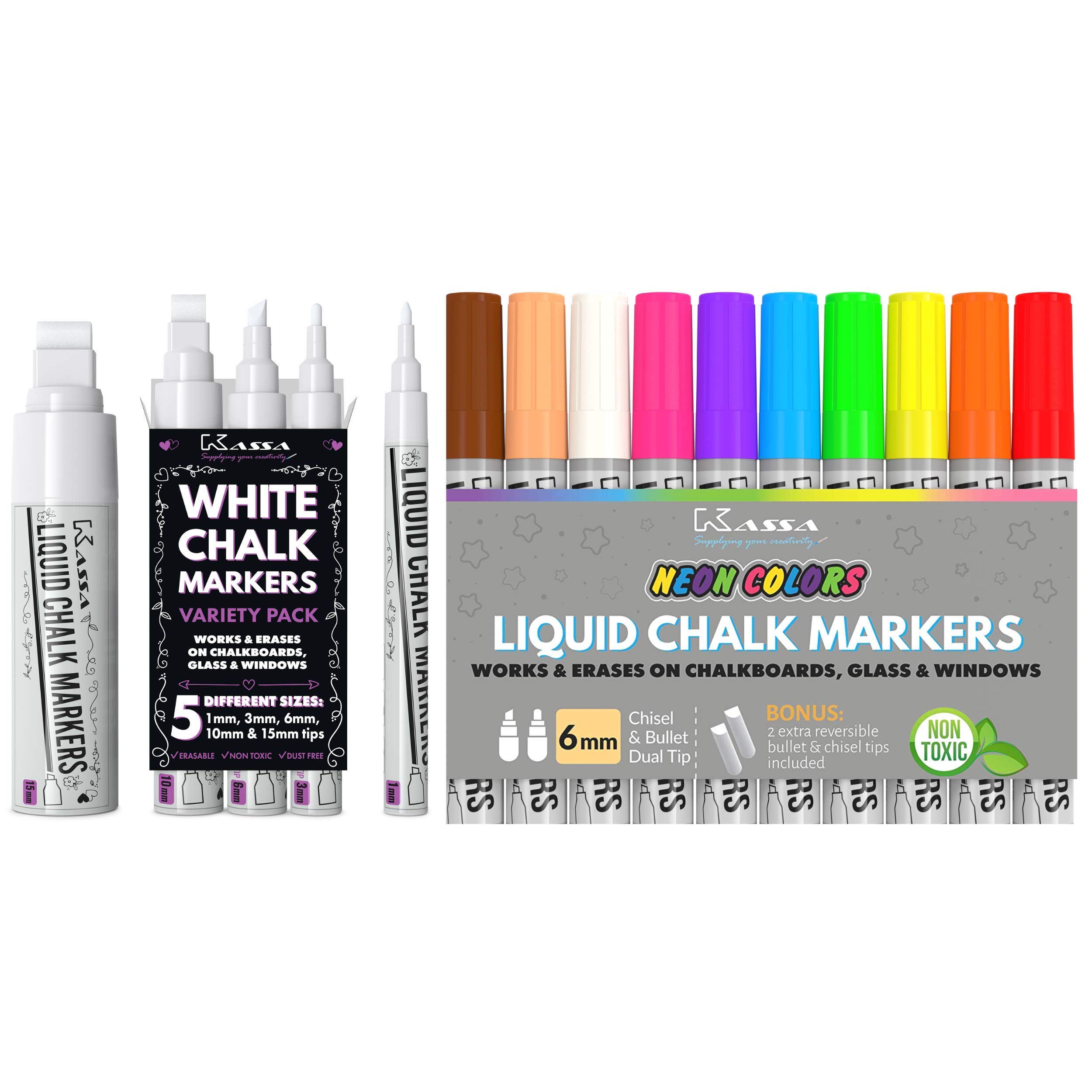 Kassa Chisel and Bullet Dual Tip Marking Pen Set - 10 Pack Neon Chalk Markers (6mm Tip) & 5 White Chalkboard Pens (Assorted Sizes) - Perfect for Whiteboards, Glass Writing, Signage, and DIY Crafts