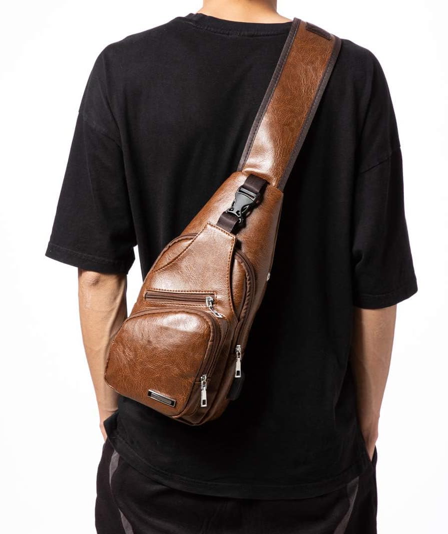 Premium Genuine Leather Sling Bag for Men & Women - Adjustable Crossbody Chest Bag with USB Charging Port - Stylish Unisex Travel Backpack for Daily Commute, Weekend Outings & Outdoor Adventures