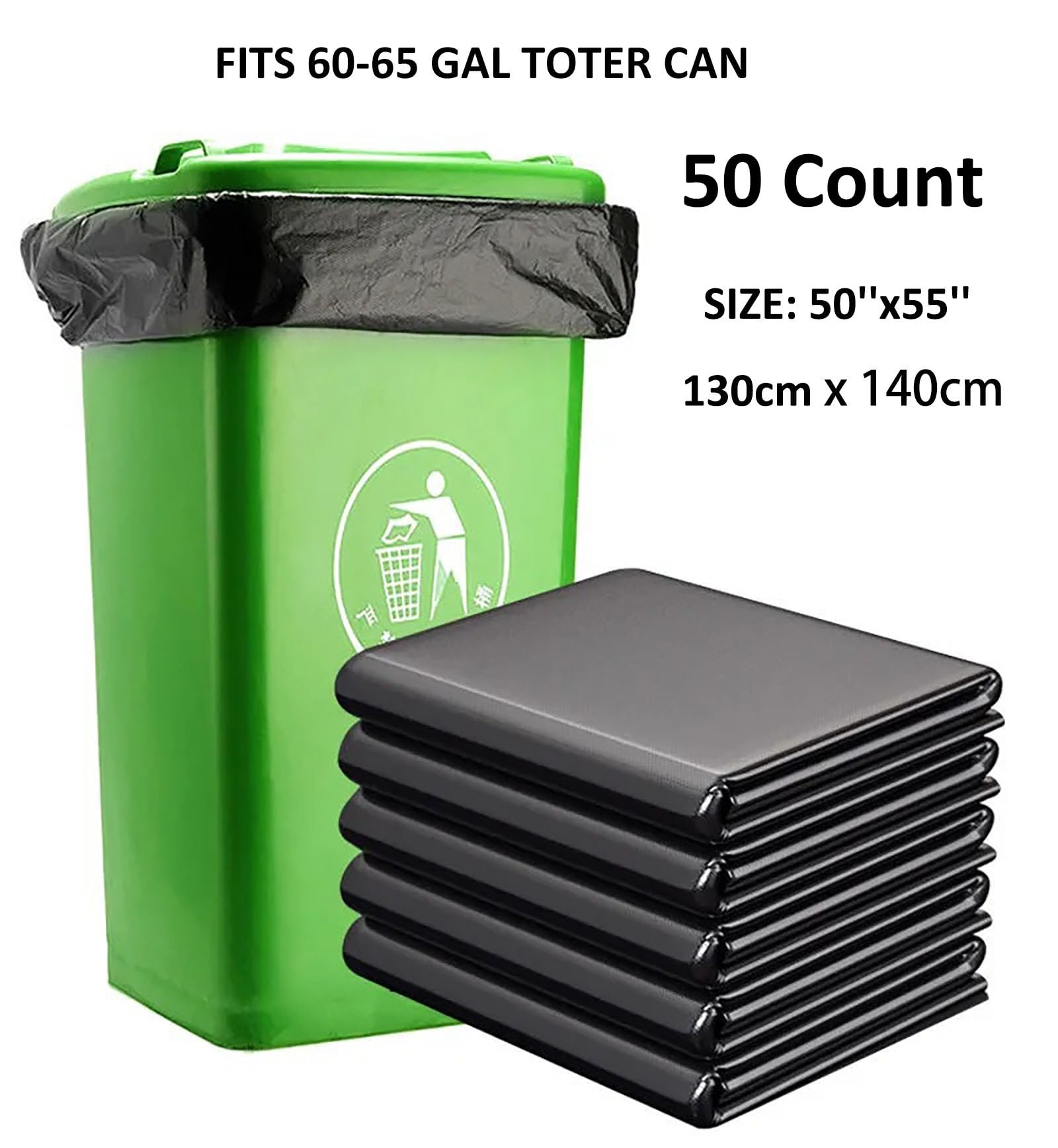 65 Gallon Heavy Duty Trash Bags (50 Count) - 1.8 Mil Thick Extra Large 50