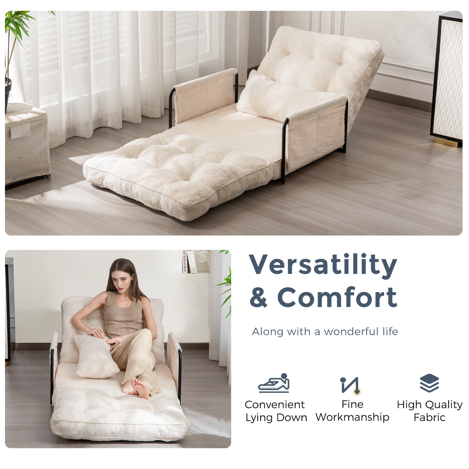MAXYOYO Adjustable Floor Sofa Couch with Pillow - Boucle Convertible Lazy Sofa Sleeper Bed with Armrest - Single Size Beige - Perfect for Small Spaces, Living Rooms & Guest Beds