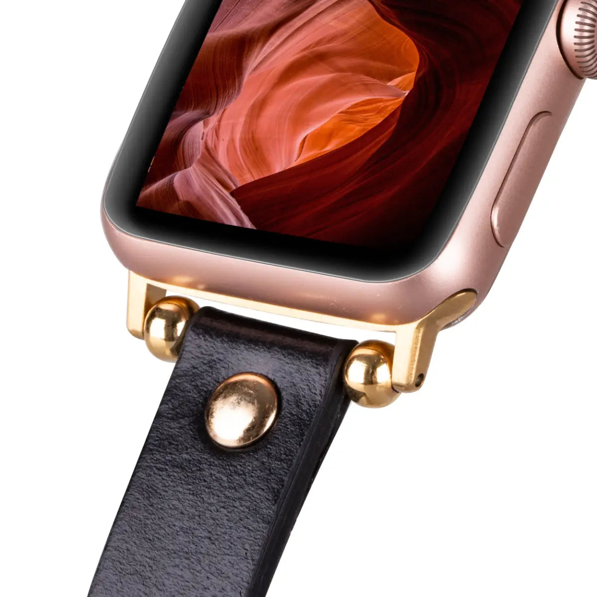 Premium Black Leather Ultra Slim Apple Watch Band with Gold Rivets - Stylish & Lightweight for Everyday Wear, Workouts & Formal Occasions
