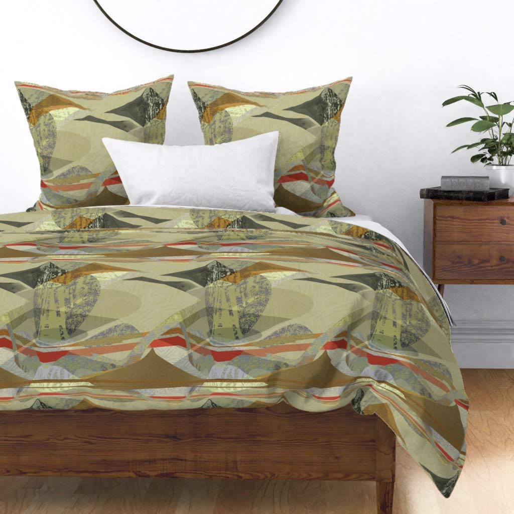 Premium Spoonflower Cotton Sateen Duvet Cover Twin Size - Earth Tone Abstract Landscape Design in Beige, Tan, Red, Brown & Gray with Mountain Geometric & Chocolate Rock Candy Print - Custom Luxury Bedding for Modern Bedrooms & Guest Rooms