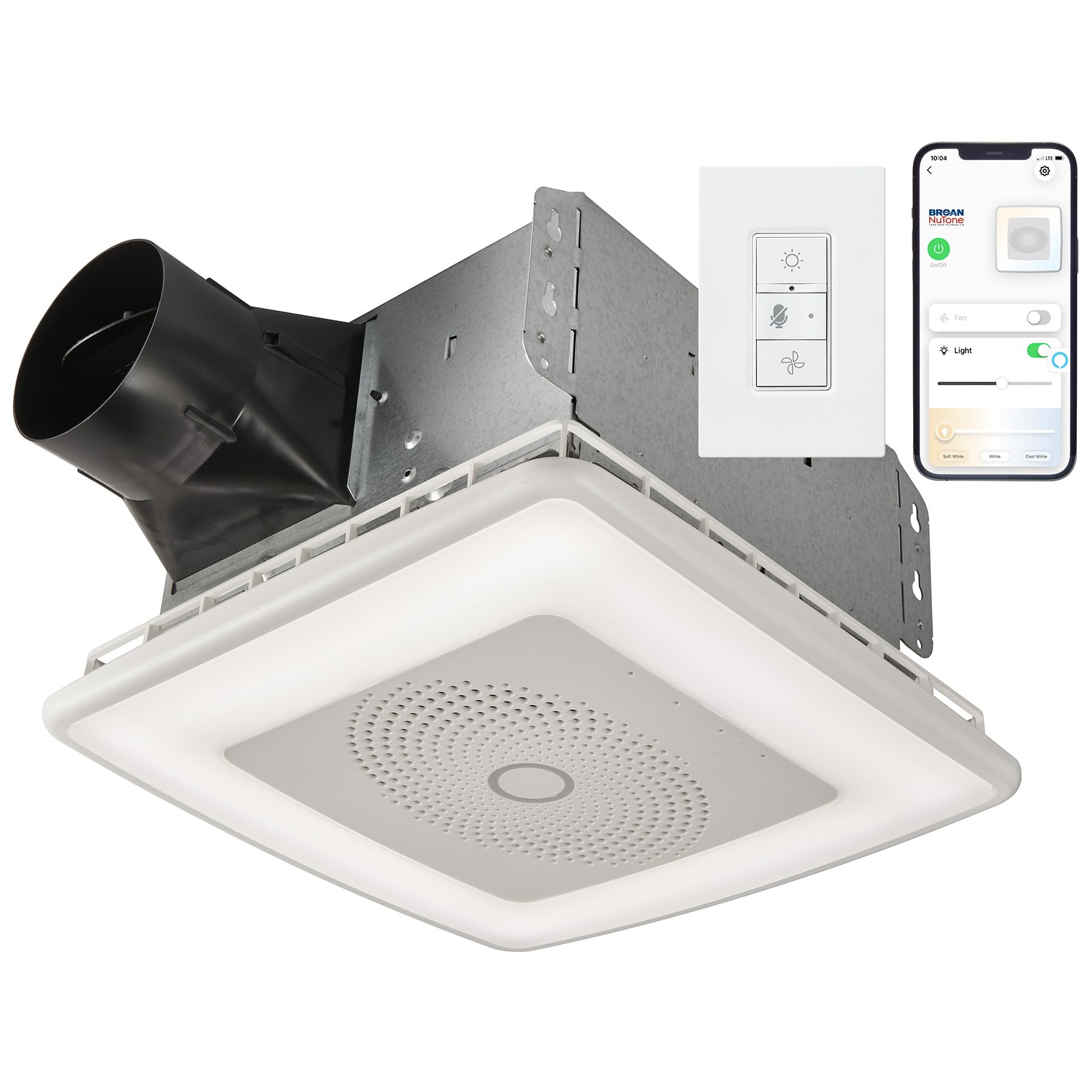 Broan-NuTone VC110CCT Sensonic Smart Exhaust Fan with Alexa Voice Control, Dimmable LED Light, Bluetooth Speakers, 110 CFM, White, 13.25x13.25x5.75 Inches – Perfect for Bathrooms and Kitchens