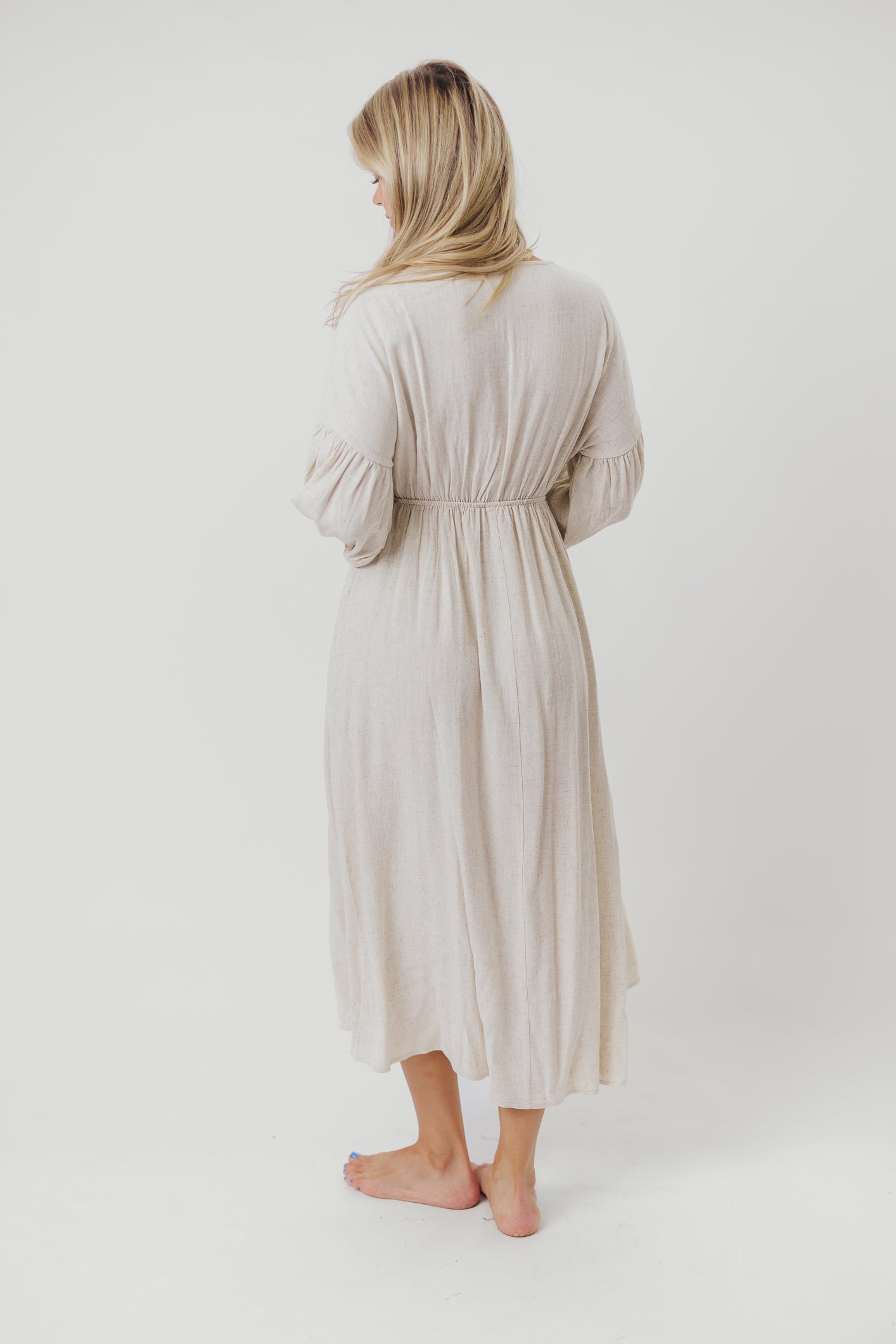 Hunter Linen Blend Midi Dress in Greige - Bump Friendly Maternity Dress with Inclusive Sizing | Perfect for Pregnancy, Nursing, and Everyday Comfort Wear