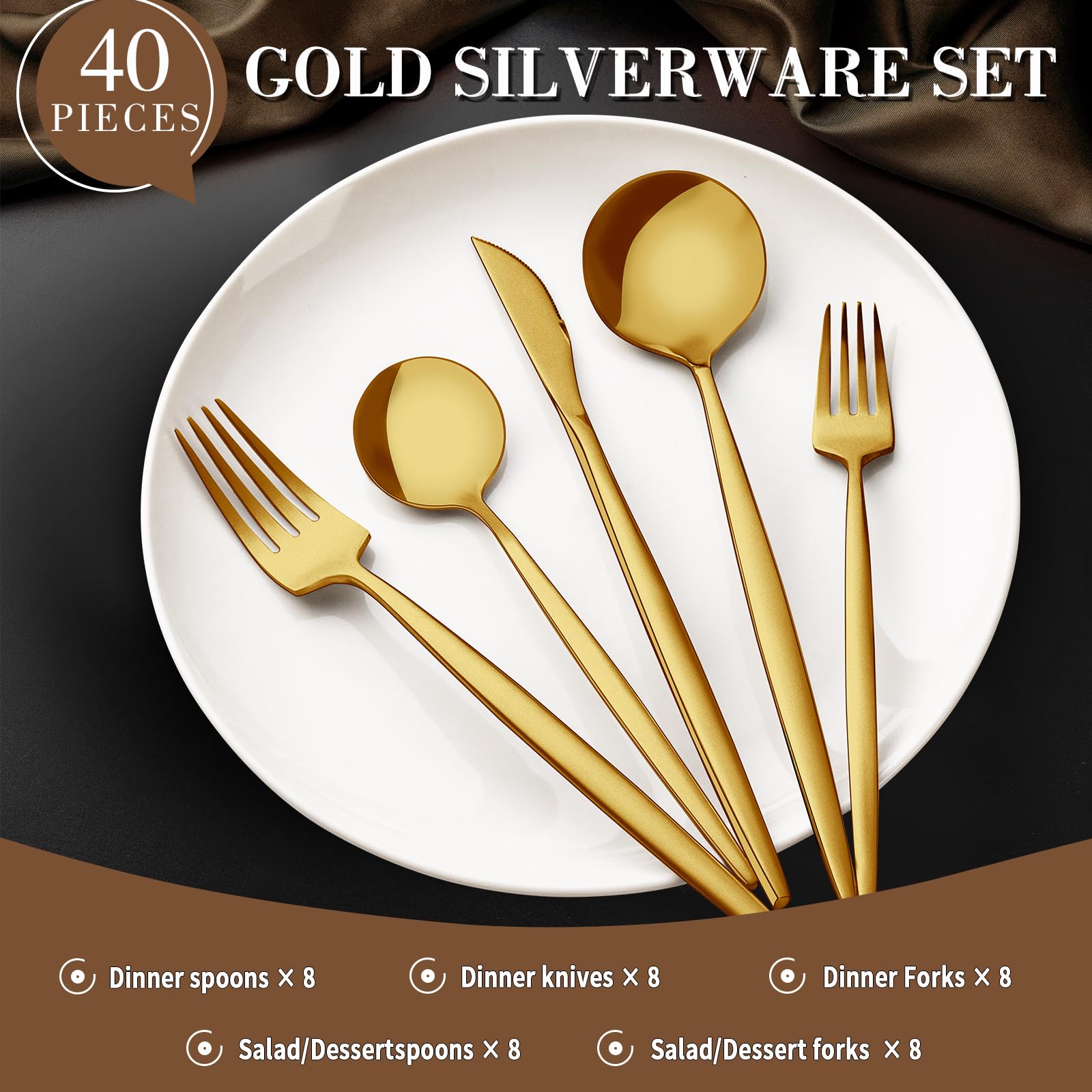 40-Piece Gold Silverware Set for 8 - CEKEE Stainless Steel Flatware Set with Satin Finish | Cutlery & Kitchen Utensils for Home, Restaurant & Wedding | Elegant Tableware Set Includes Forks, Knives & Spoons | Perfect for Dinner Parties, Holiday Meals & Special Occasions