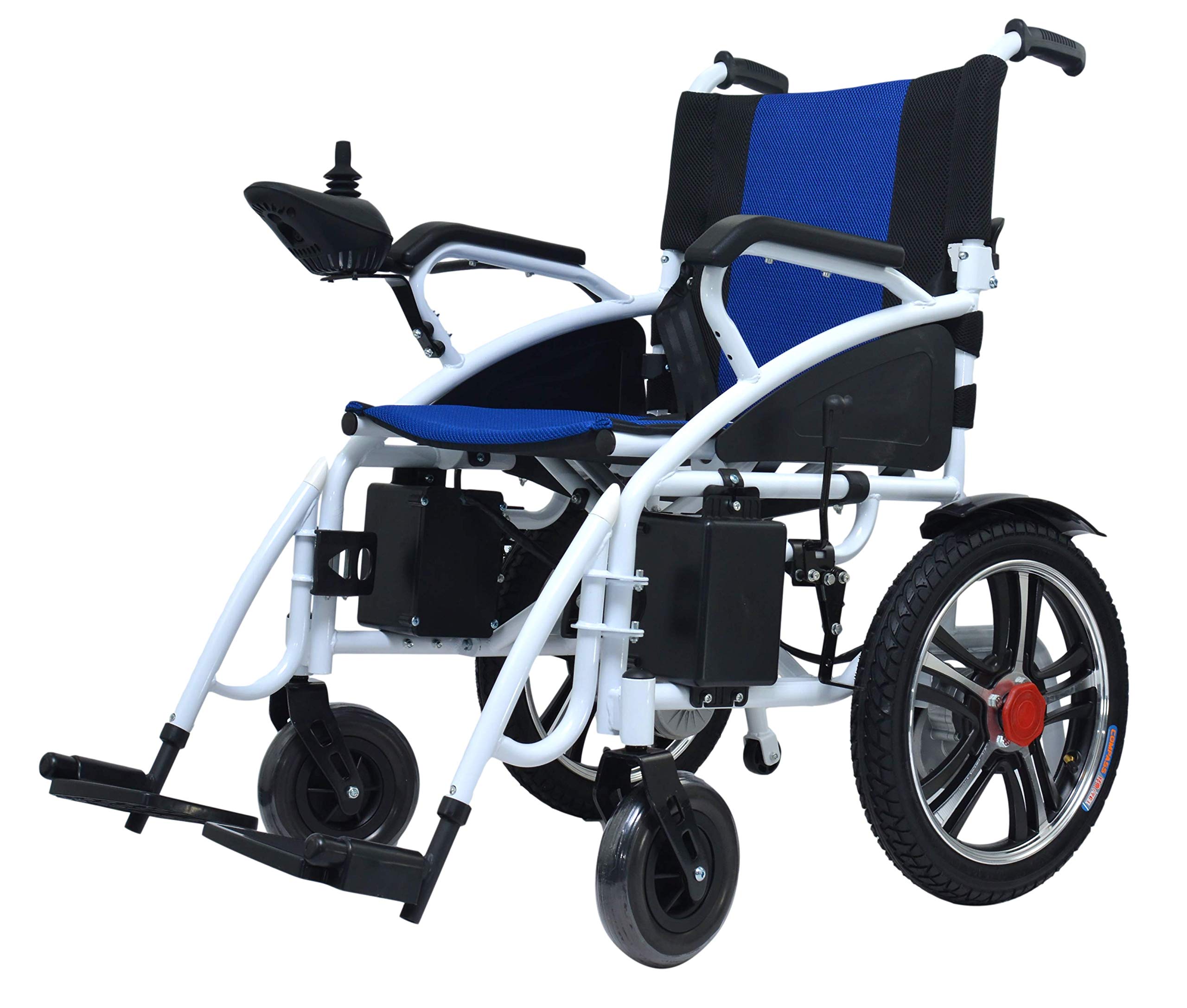 Durable Folding Electric Wheelchair - Portable Motorized Mobility Scooter with Power Transport - Lightweight Foldable Design (Blue-White) - Ideal for Travel, Shopping & Indoor/Outdoor Use