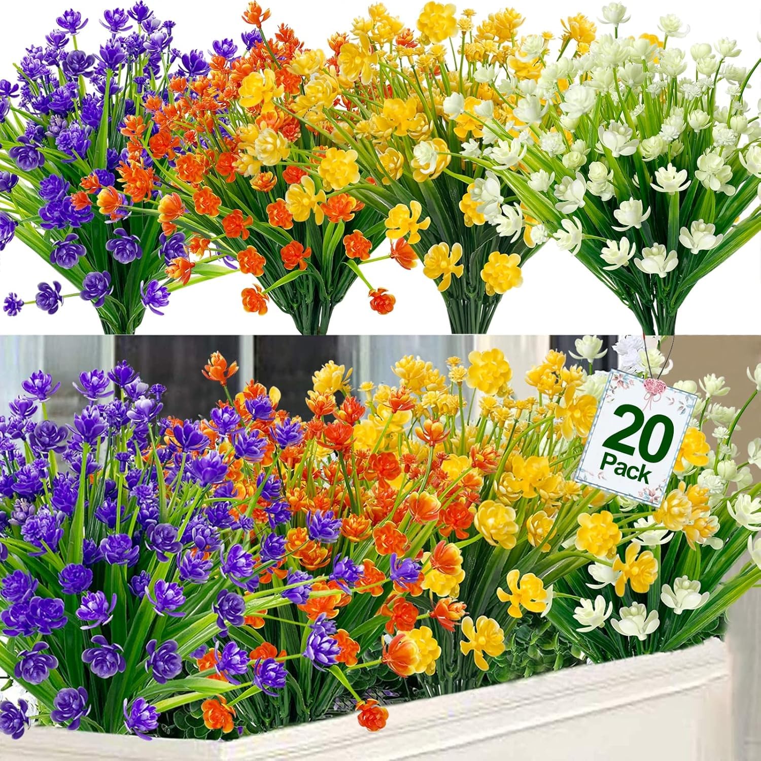 TURNMEON 20 Pack UV Resistant Artificial Flowers for Outdoor Decor - Fake Plants, Faux Greenery Shrubs for Porch, Cemetery, Home & Garden - Summer & Spring Decor (Mixed Colors) - Perfect for Patio, Wedding & Grave Decorations