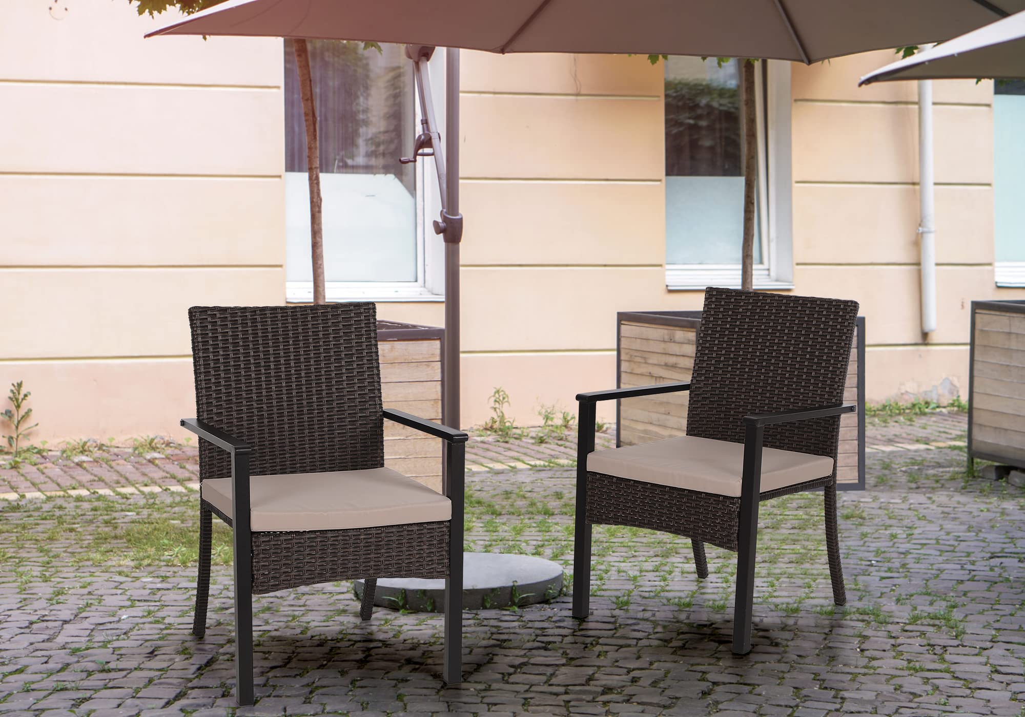 PHI VILLA 4-Piece Outdoor Wicker Chair Set - Rattan Covered Metal Armchairs with Removable Cushions, Heavy Duty Patio Furniture for Deck, Porch, Garden & Backyard - Perfect for Outdoor Dining, Lounging and Entertaining Guests