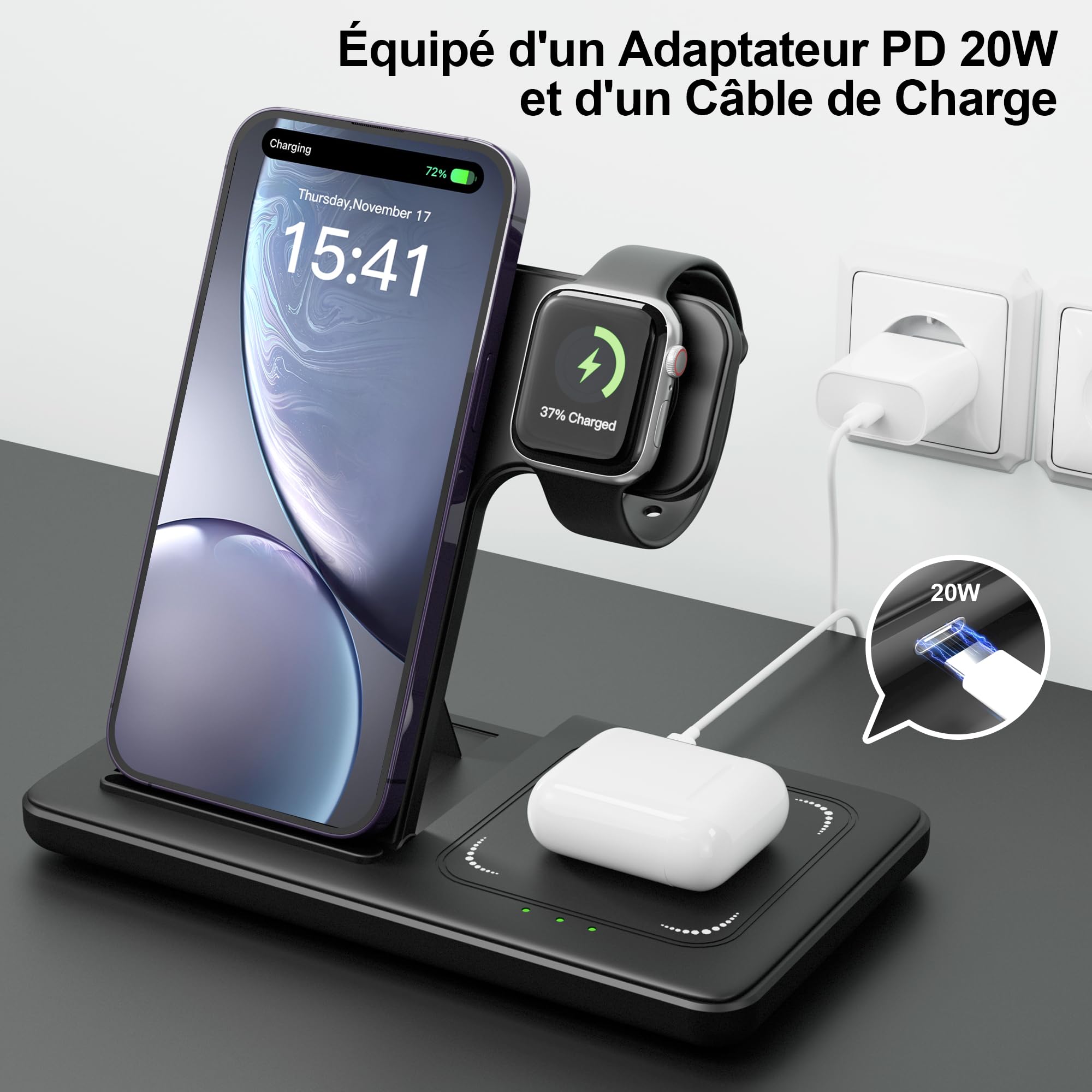 3-in-1 Magnetic Wireless Charger Stand - 15W Fast Charging for iPhone 16/15/14/13/12 Series, Apple Watch Ultra/SE/Series 9-3 & AirPods Pro/4/3/2 - Multi-Device Charging Station for Home, Office & Travel