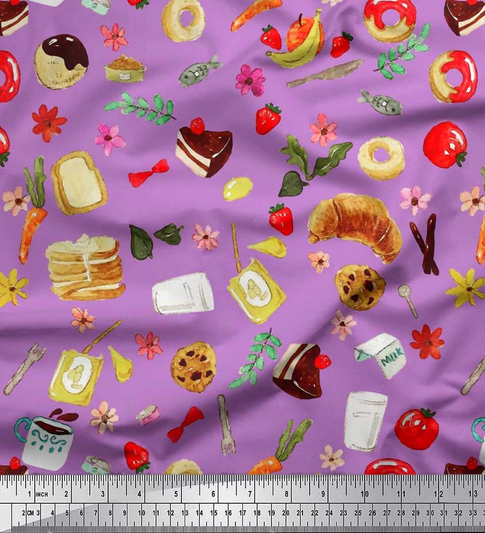 Soimoi 42 Inch Wide Purple Silk Fabric by The Yard - Fruits, Bread & Donut Printed Textile for Dresses, Scarves & DIY Crafts - Vibrant Food Pattern Design for Fashion Sewing Projects