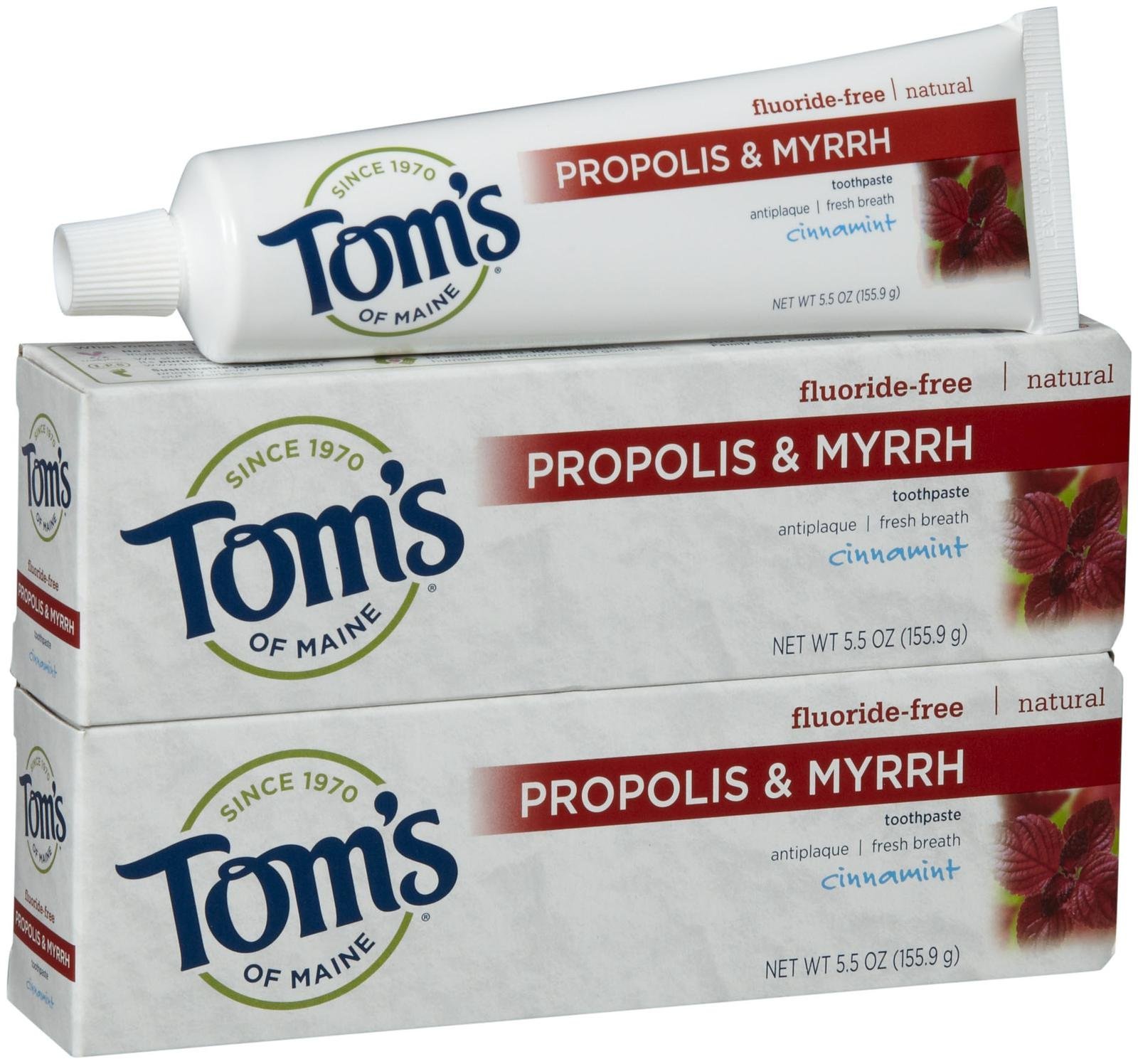 Tom's of Maine Antiplaque Toothpaste with Propolis & Myrrh, Cinnamint Flavor - 5.5 oz (2-Pack) - Natural Fluoride-Free Toothpaste for Plaque Control & Fresh Breath - Perfect for Daily Oral Care & Travel