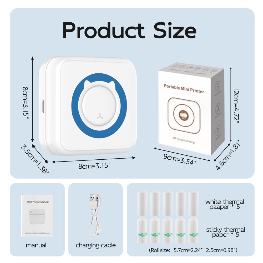 Mini Bluetooth Sticker Printer - Portable Thermal Photo Printer for iPhone, Smart Note Buddy with 10 Rolls Paper - Perfect for Journaling, Memos, Scrapbooking & DIY Crafts