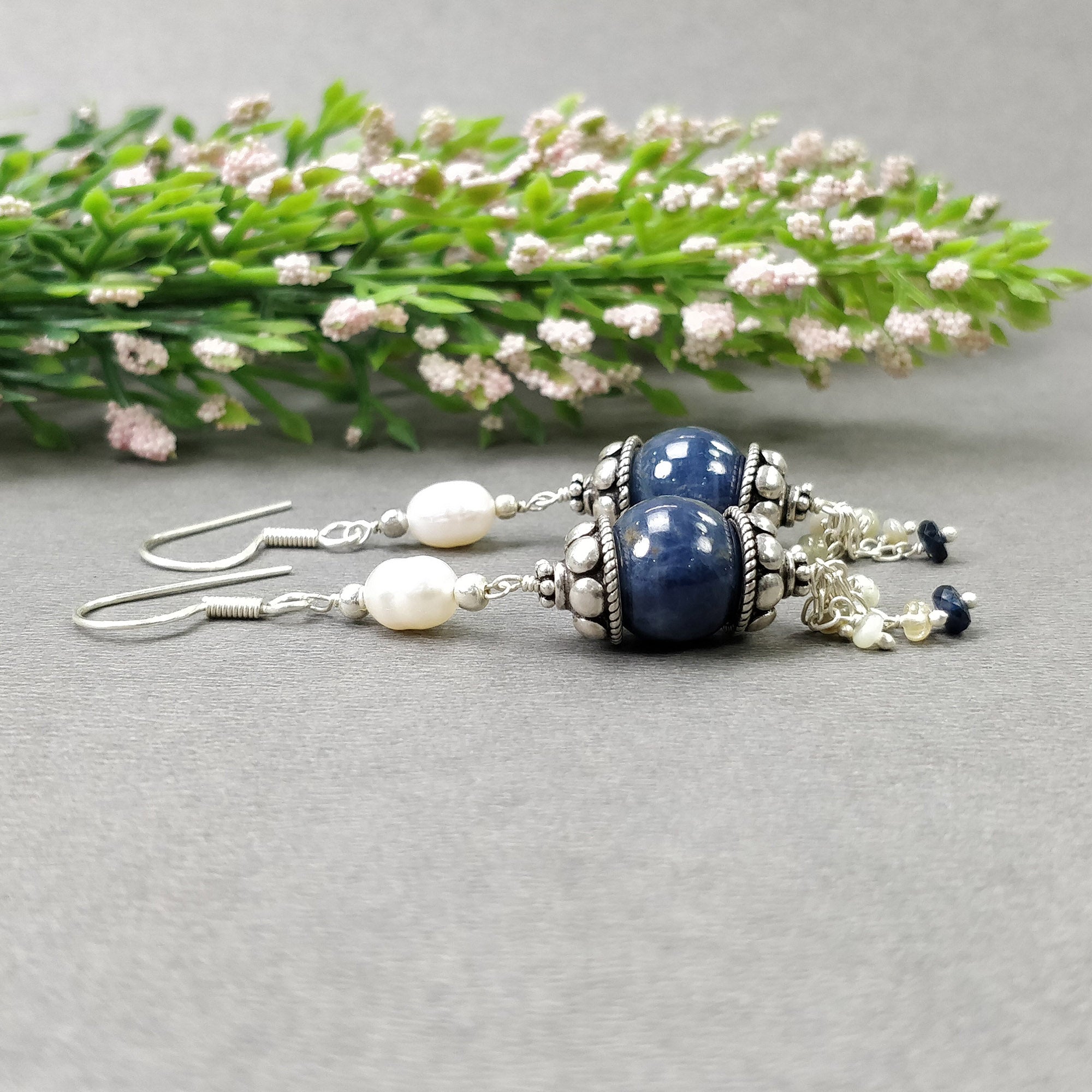 925 Sterling Silver Blue Sapphire Gemstone Beaded Earrings with Natural Pearl Drop - 13.28g Dangle Hook Earrings for Women | Perfect for Weddings, Parties & Special Occasions