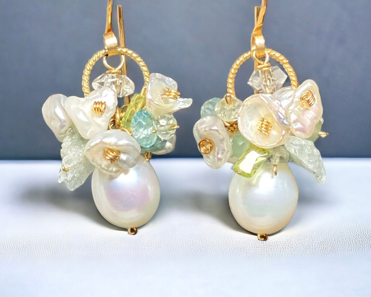 Baroque Pearl Earrings with Aquamarine, Peridot & Herkimer Diamond Quartz Clusters | Elegant Vintage Jewelry for Weddings, Parties & Special Occasions