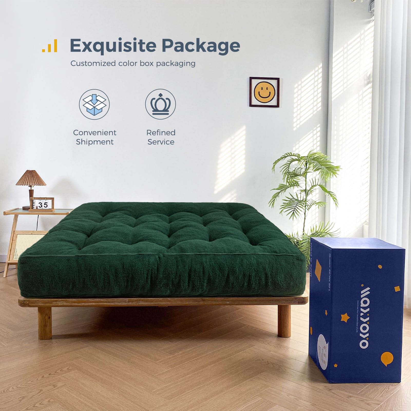 MAXYOYO 8 Inch Tufted Futon Sofa Bed with Thick Boucle Fabric - Convertible Floor Mattress for Adults (Mattress Only, Green) - Perfect for Small Spaces, Guest Rooms & Dormitory Use