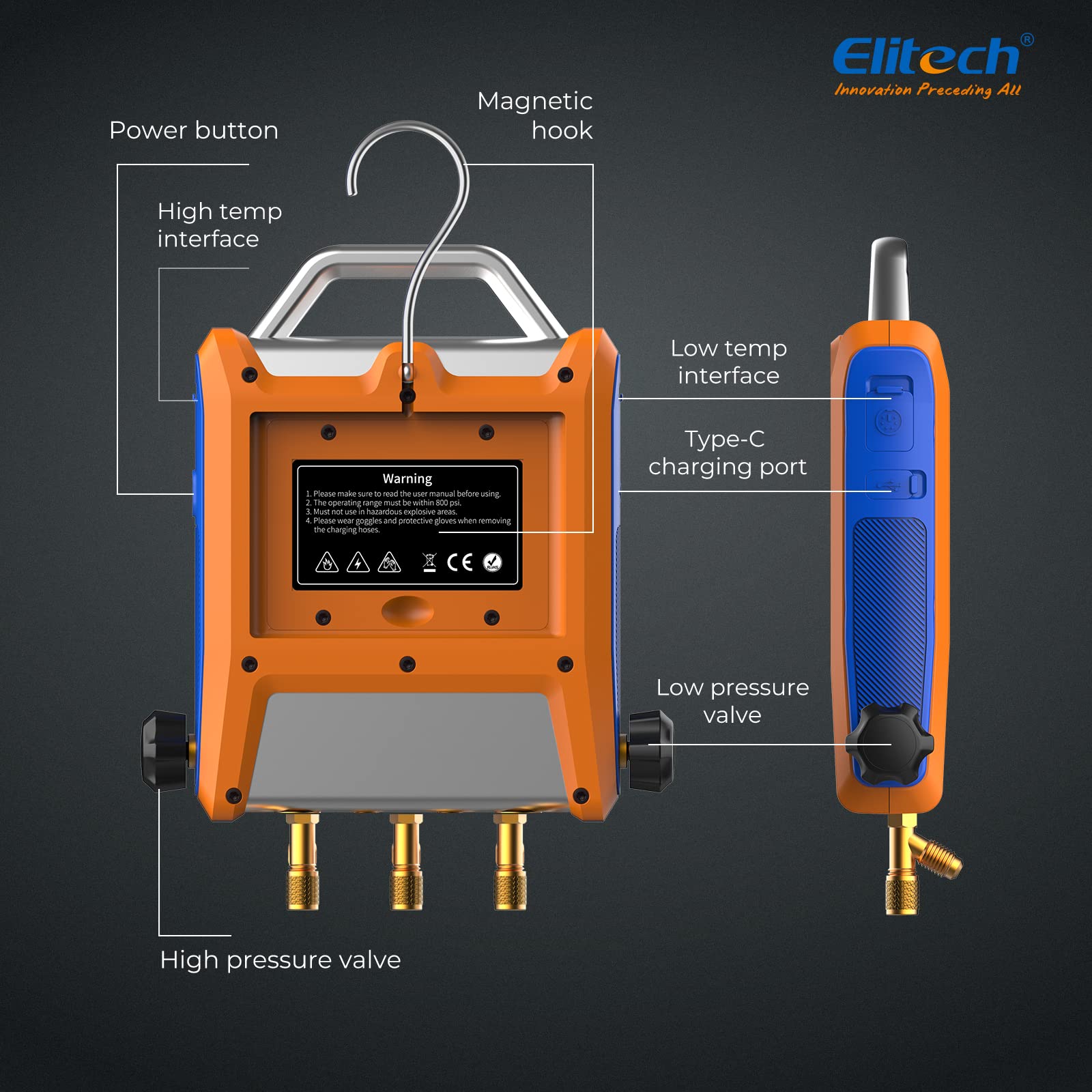 Elitech EMG-20V HVAC Digital Manifold Gauge - 3 Port with Vacuum Sensor for AC Repair