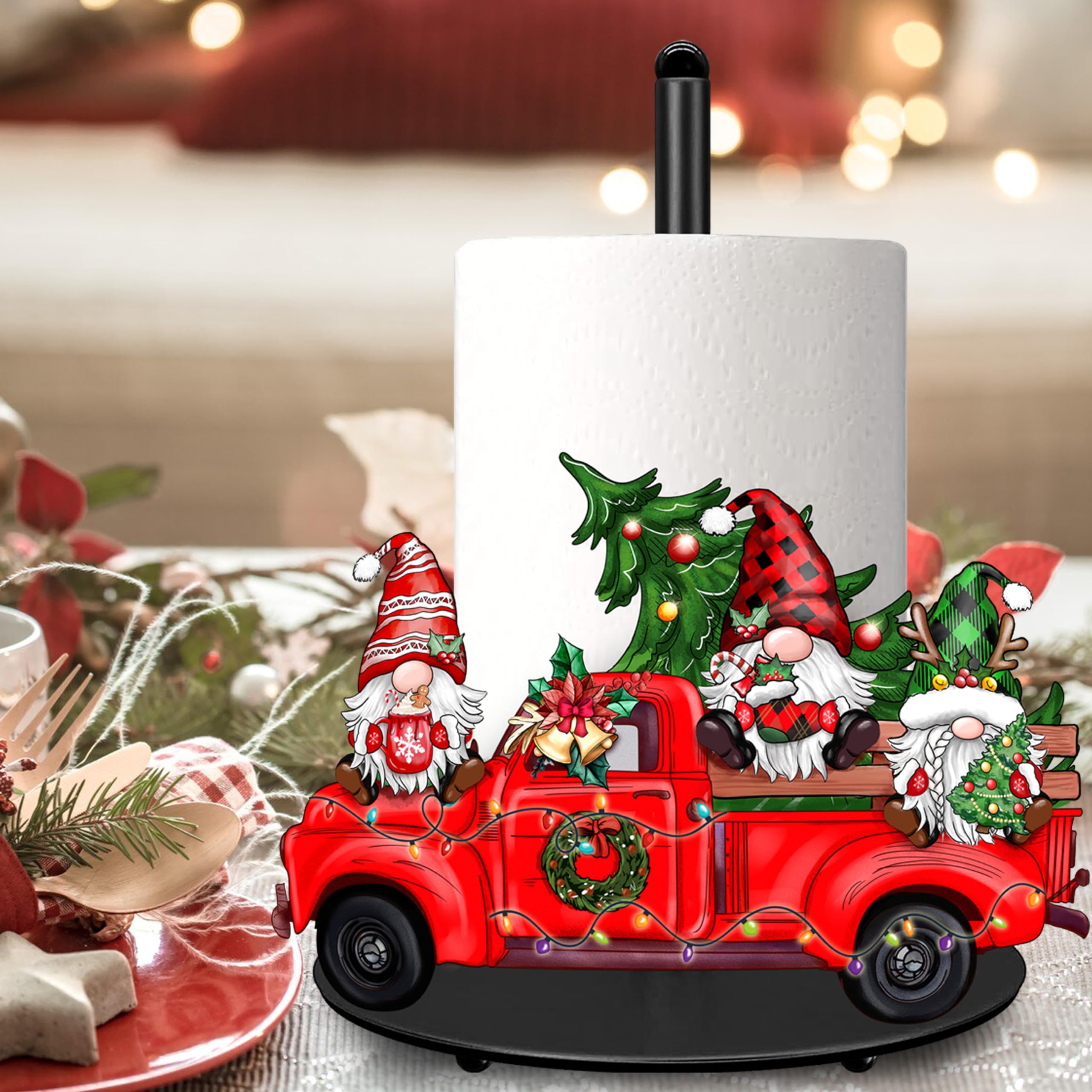 Large Christmas Gnome Truck Metal Paper Towel Holder - Rustic Farmhouse Kitchen Decor for Countertops, Bathroom & Living Room | Holiday Home Accessories for Xmas & Winter Season