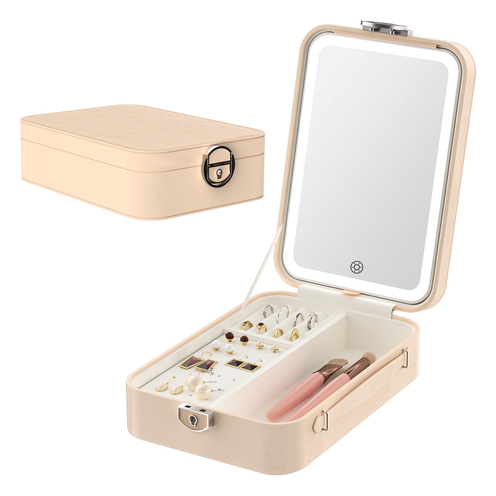 LED Makeup Mirror with Jewelry Storage - 3 Color Lighting Modes, Touch Control, Rechargeable Vanity Mirror for Home & Travel | Portable Cosmetic Mirror with Jewelry Organizer Box (Beige) | Perfect for Bedroom Vanity, Dressing Table & Travel Makeup Kit