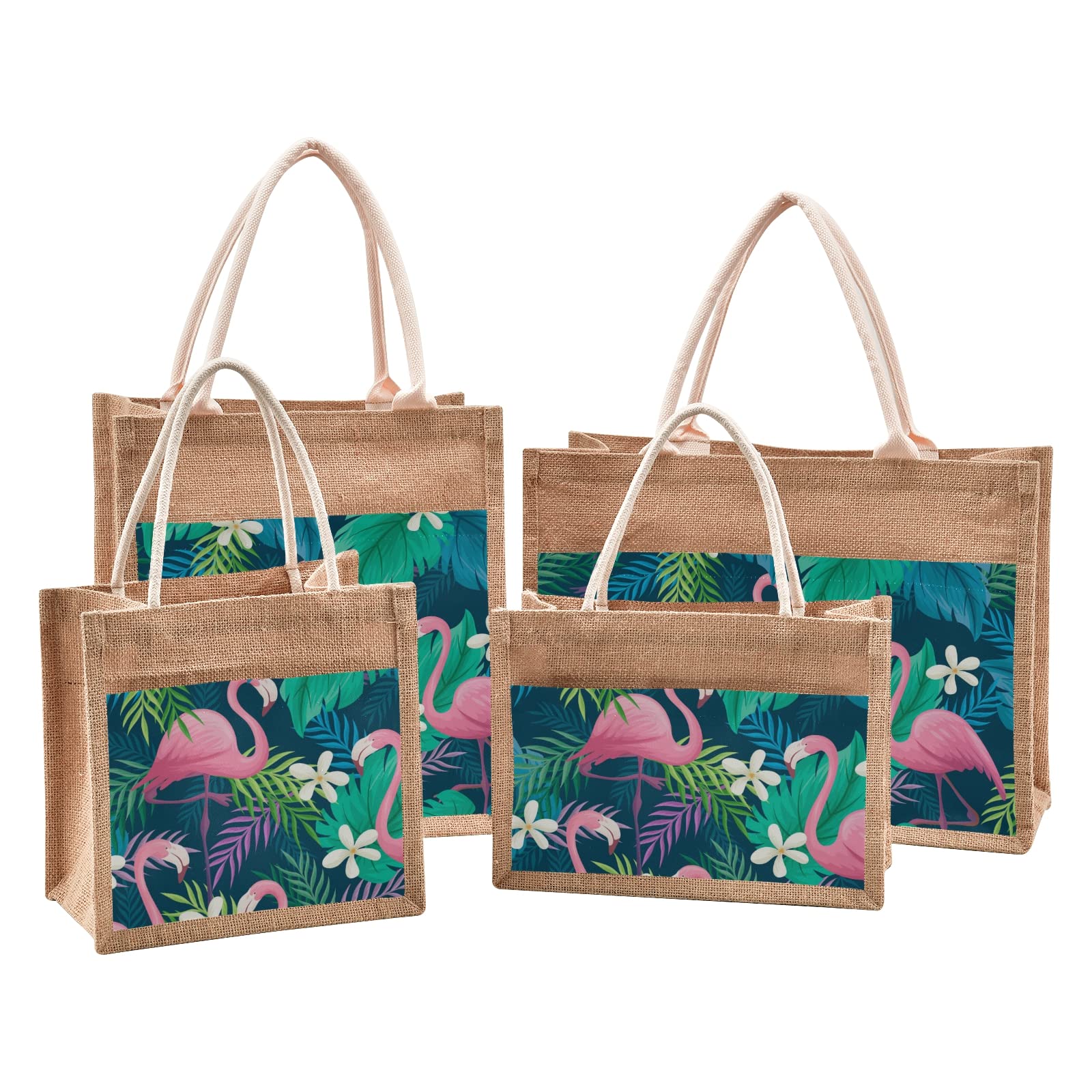 Eco-Friendly Jute Tote Bag with Flamingo & Floral Print - 4 Size Options for Women | Reusable Beach, Grocery & Shopping Bag for Daily Use, Travel & Picnics
