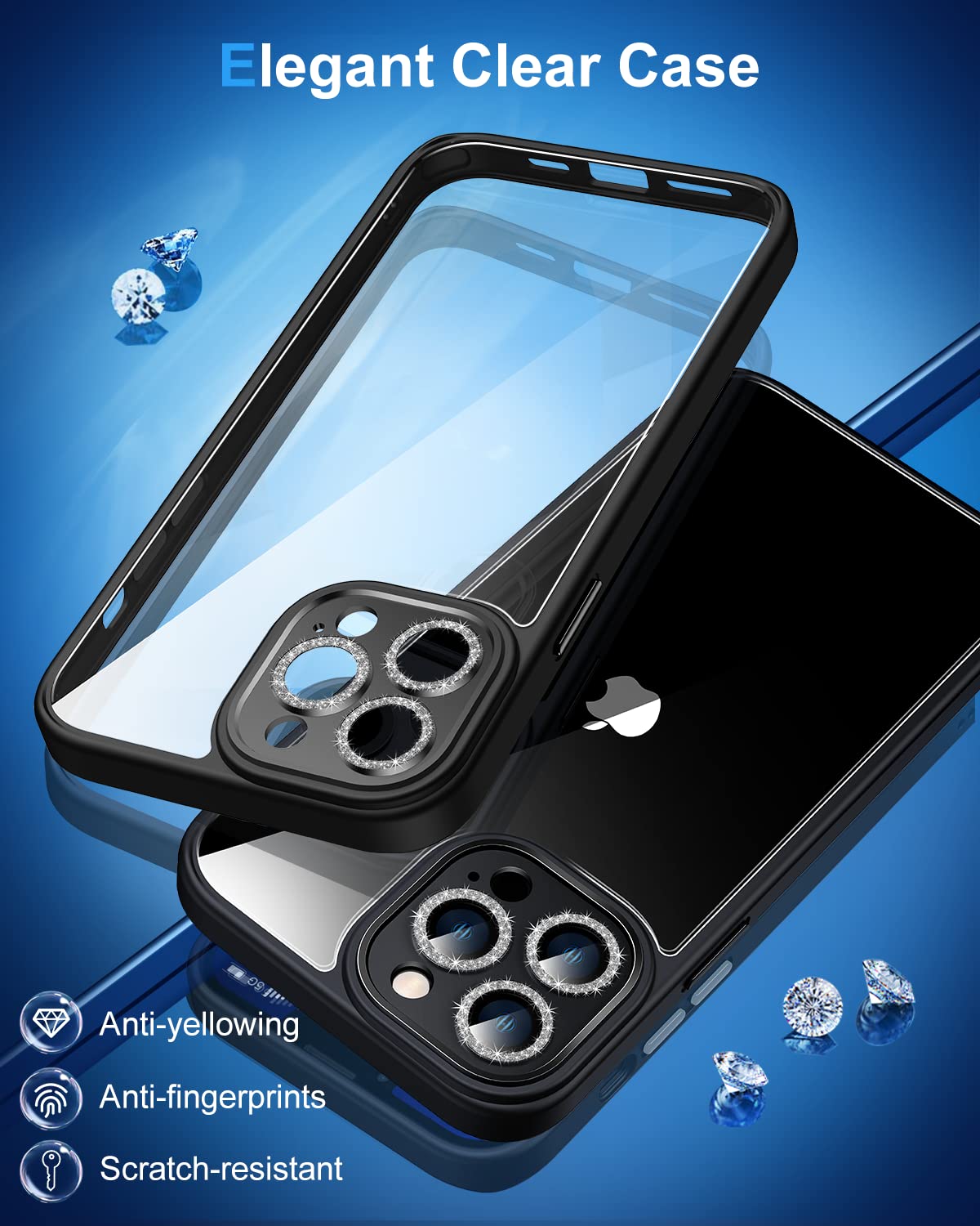 Gospire Clear Anti-Yellowing TPU Case for iPhone 13 Pro Max 6.7 Inch - Military Grade Protection with Bling Camera Lens Cover - Slim Protective Phone Case for Women & Girls (Black) | Perfect for Everyday Use, Work & Travel
